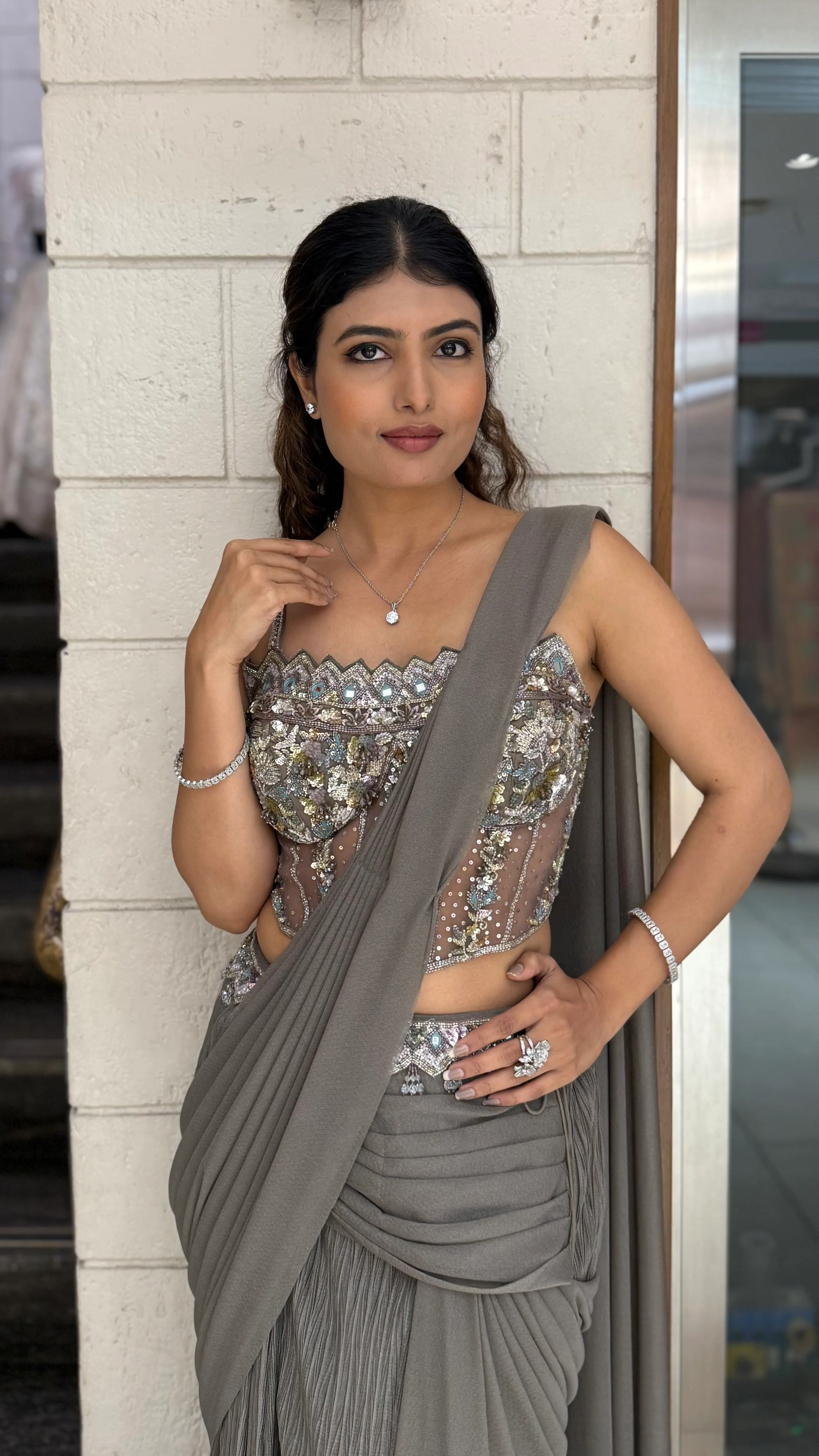 Smokey Grey Ready-to-Wear Draped Saree with Designer Sequin Embellished Corset Blouse - Image 5