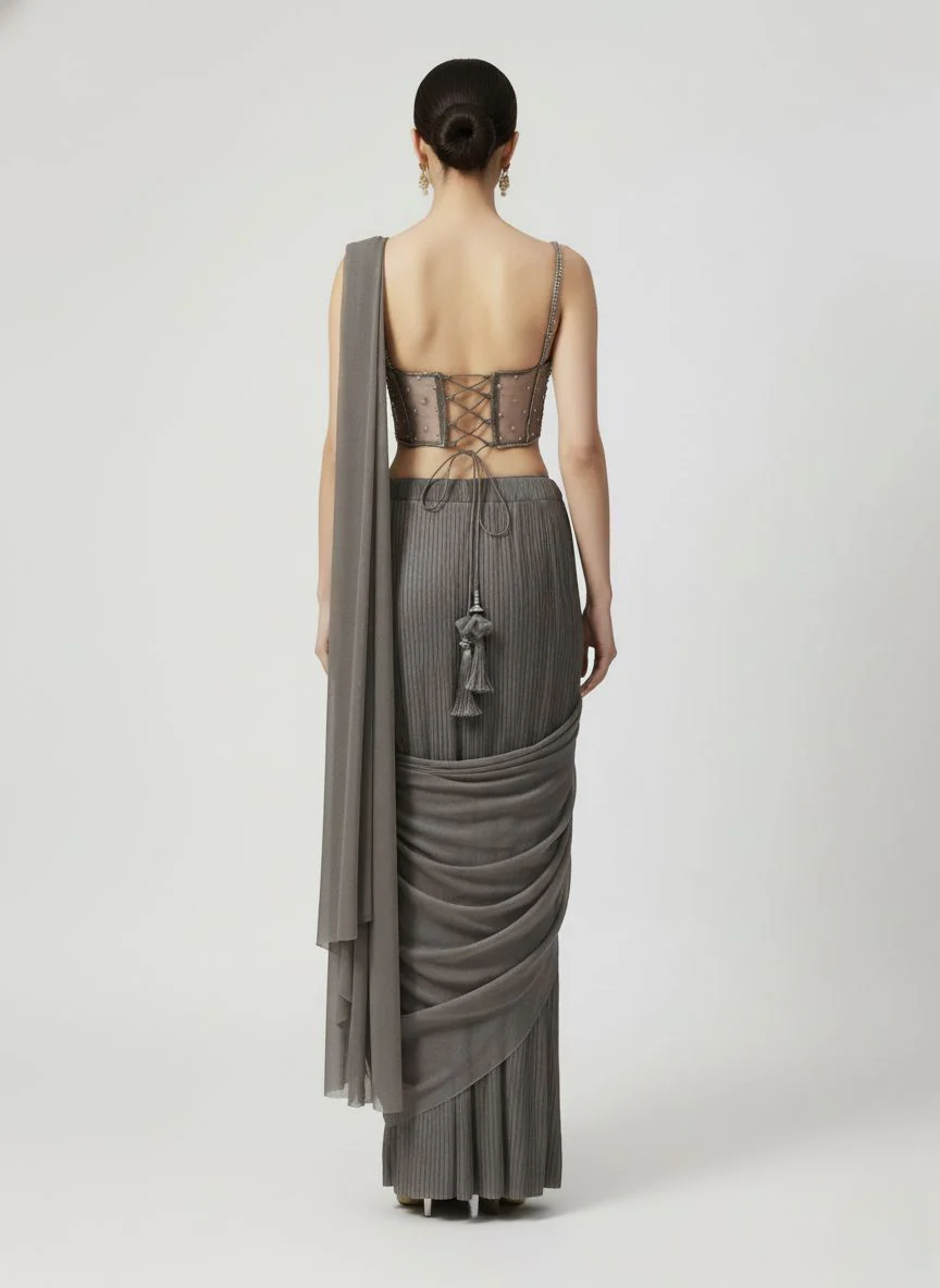 Smokey Grey Ready-to-Wear Pre-Draped Saree with Hand-Embroidered Bustier - Image 5