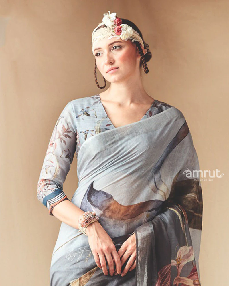 Smoky Grey Abstract Printed Saree with Unstitched Blouse - Image 2