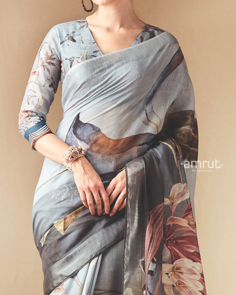 Smoky Grey Abstract Printed Saree with Unstitched Blouse - Image 3
