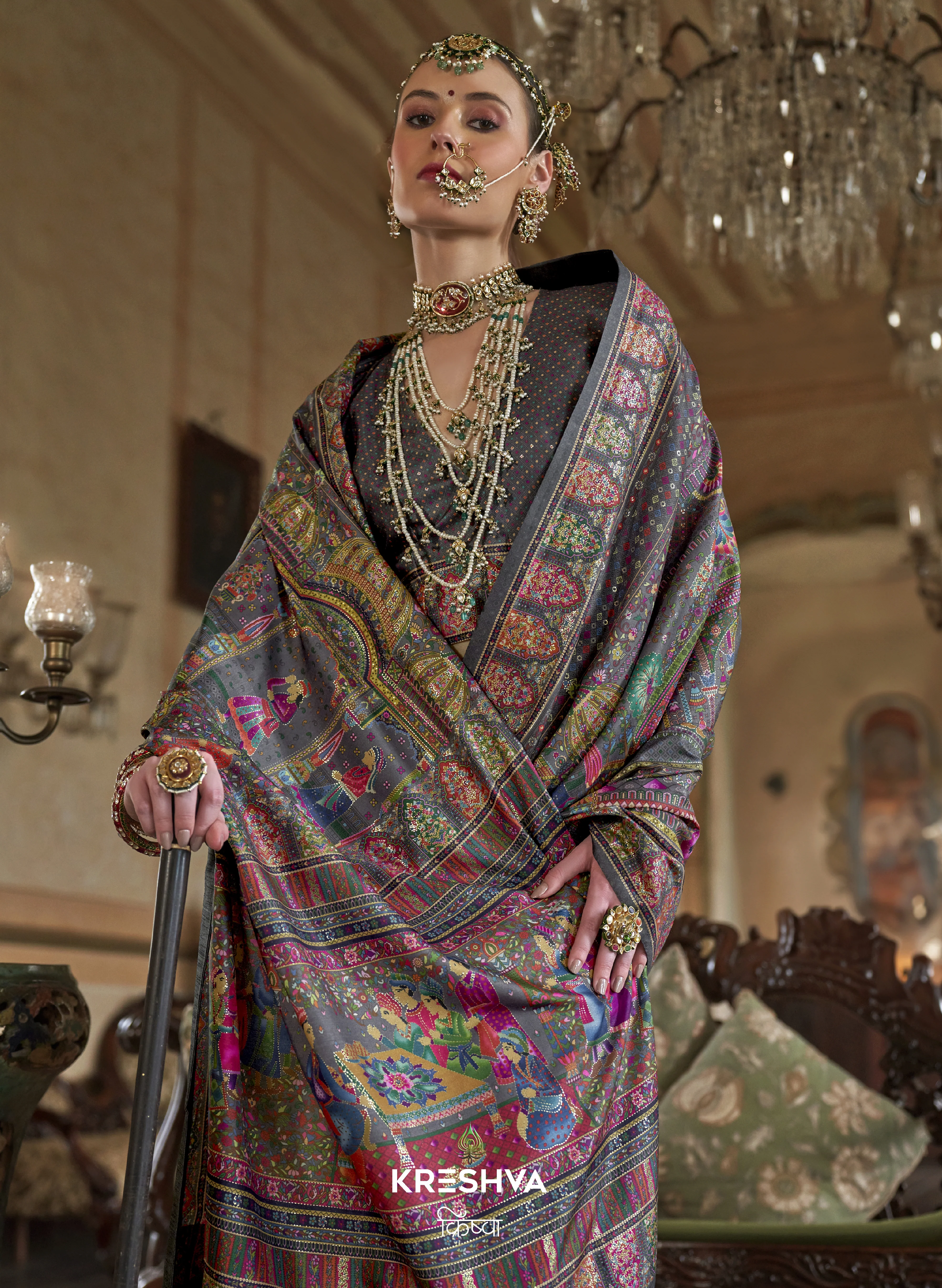 Smoky Grey Heritage Pashmina Inspired Designer Saree with Multicolour Royal Border - Image 2