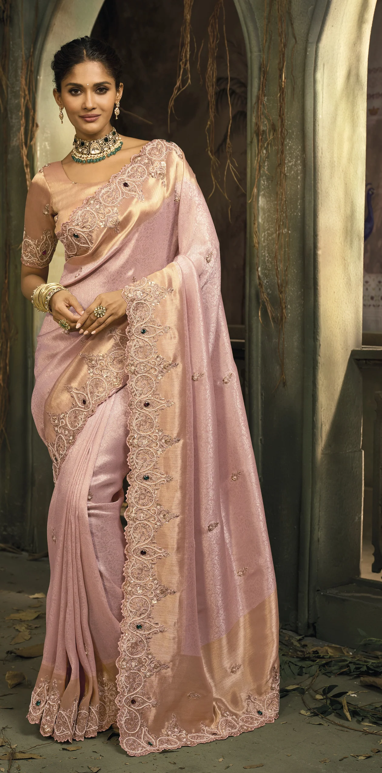Soft Blush Pink Silk Saree with Intricate Embroidery & Zari Border - Image 3