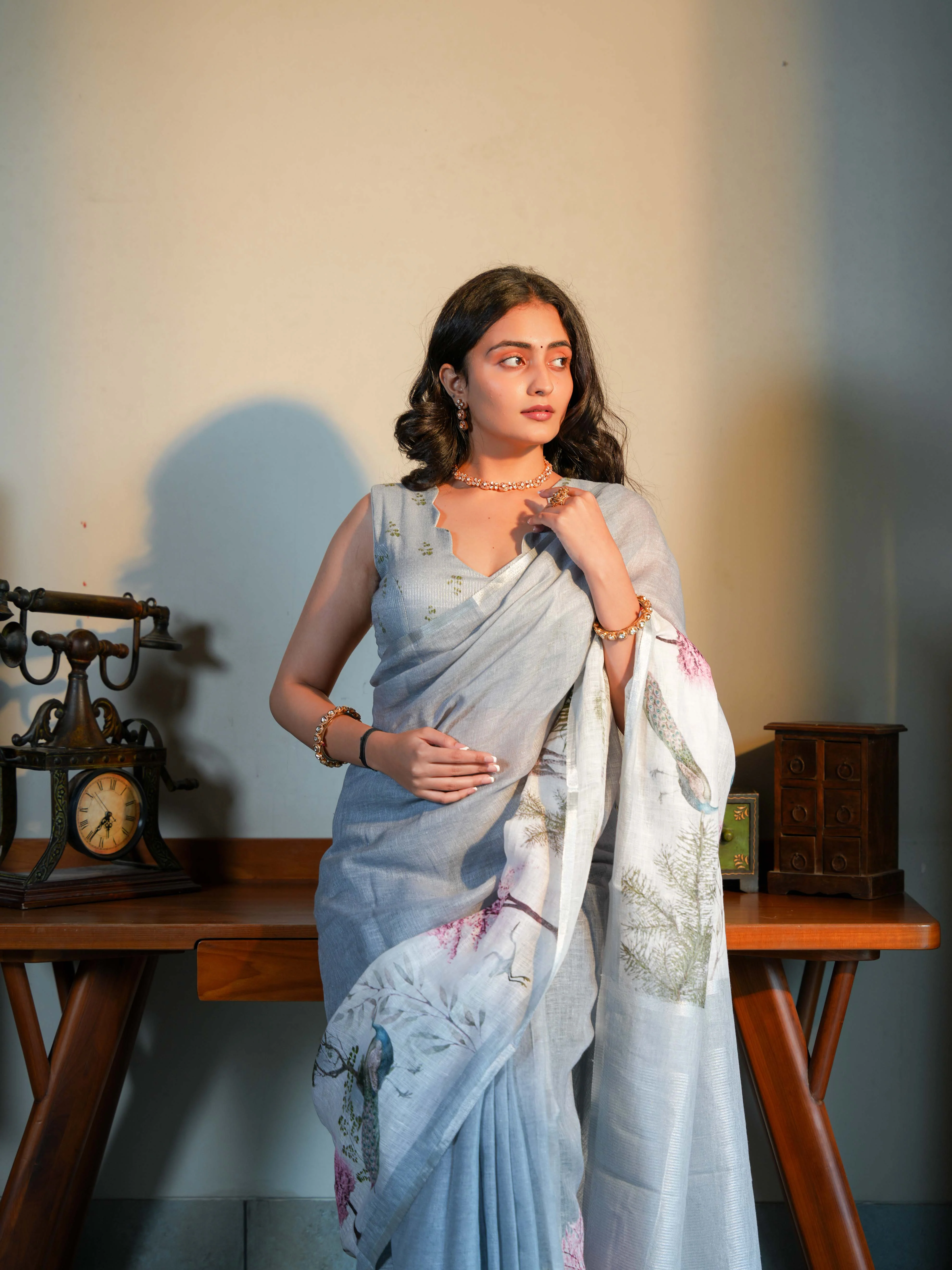 Soft Grey Linen Blend Saree with Artistic Peacock Digital Print Unstitched Blouse - Image 2