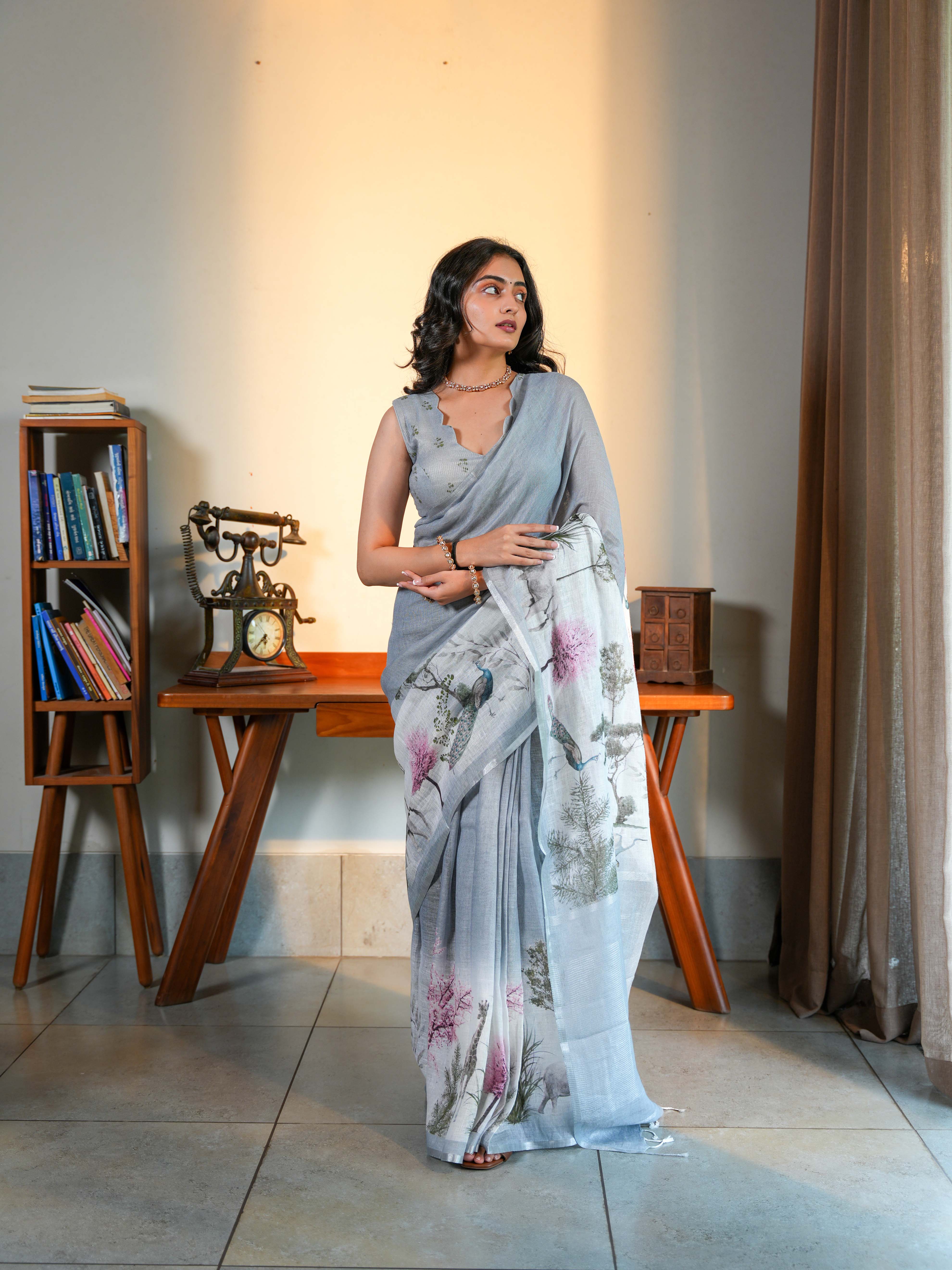 Soft Grey Linen Blend Saree with Artistic Peacock Digital Print Unstitched Blouse - Image 3