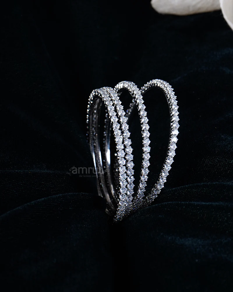 Sparkling Diamond-Set with Curved Design Silver Bangles Set - Image 2