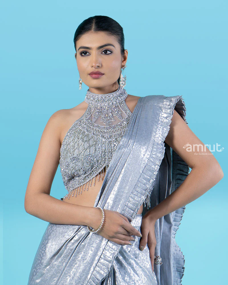 Sparkly Silver Pre-Draped Saree with Metal Mesh Halter Blouse - Image 2