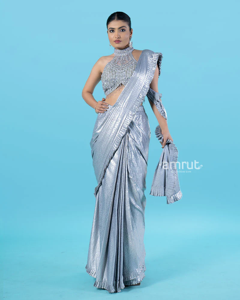 Sparkly Silver Pre-Draped Saree with Metal Mesh Halter Blouse - Image 4