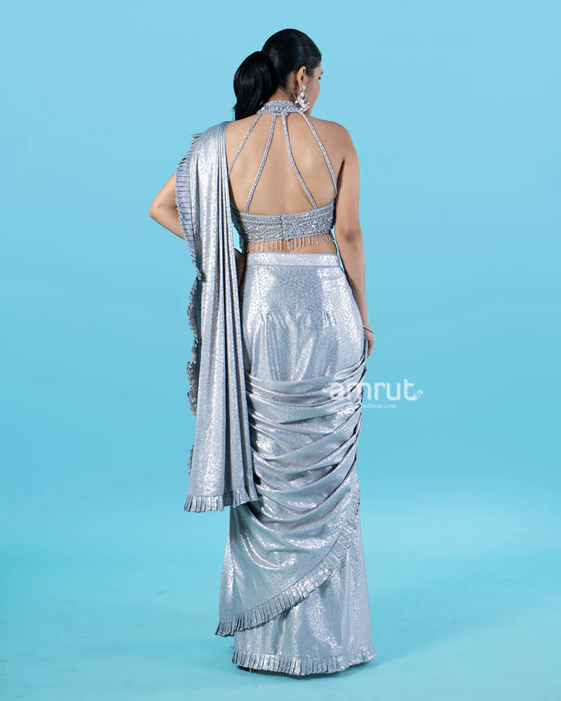 Sparkly Silver Pre-Draped Saree with Metal Mesh Halter Blouse - Image 5