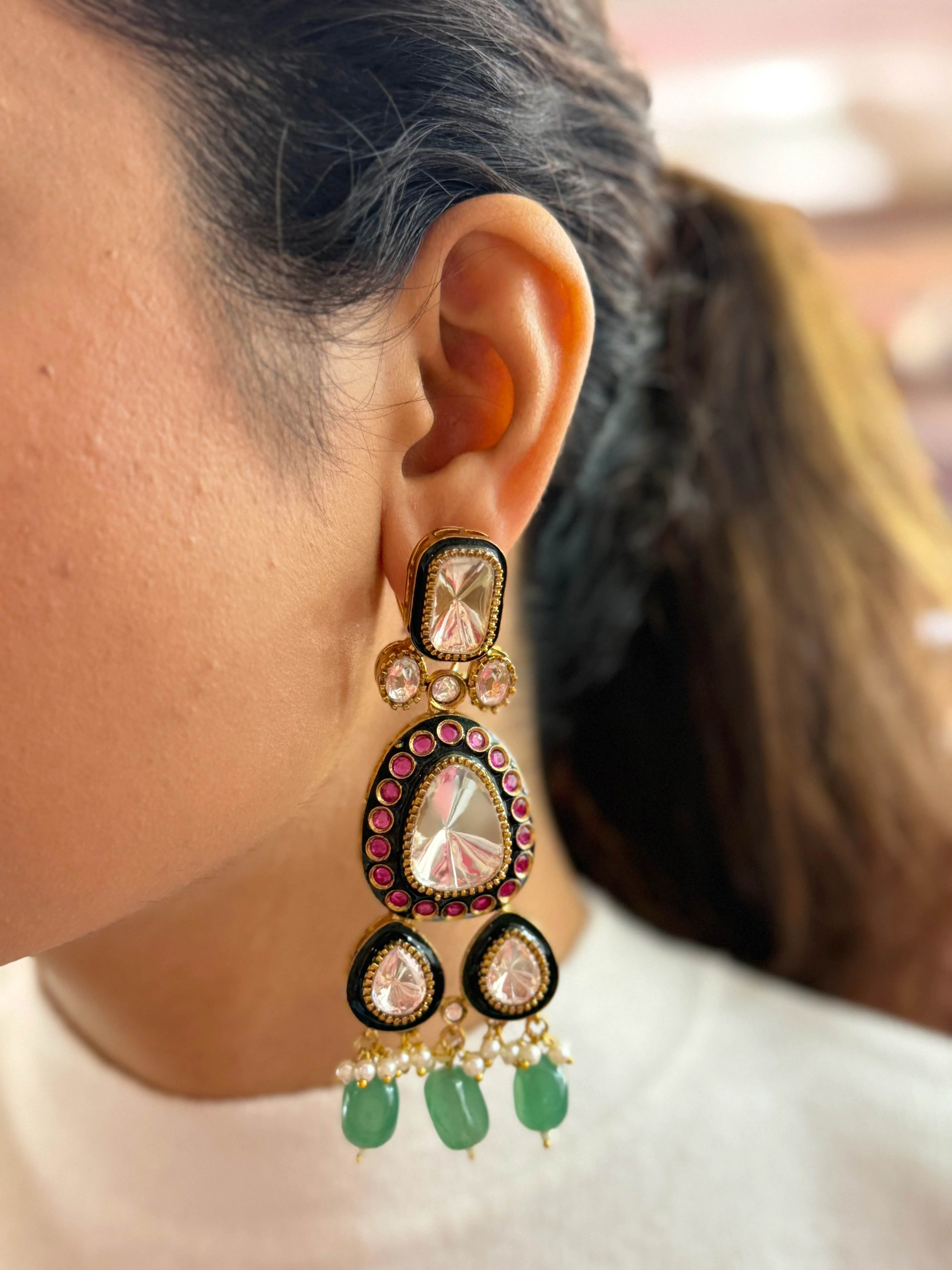 Statement Kundan & Mint Green Beaded Choker Necklace with Pink Enamel - Image 2
