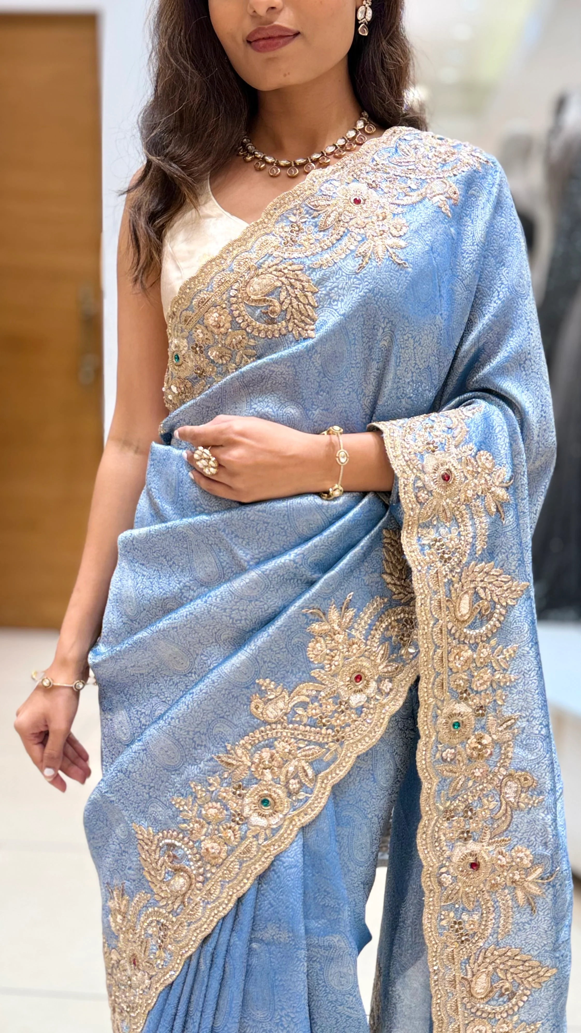 Steel Blue Embroidered Designer Saree with Zari Border Work - Image 2
