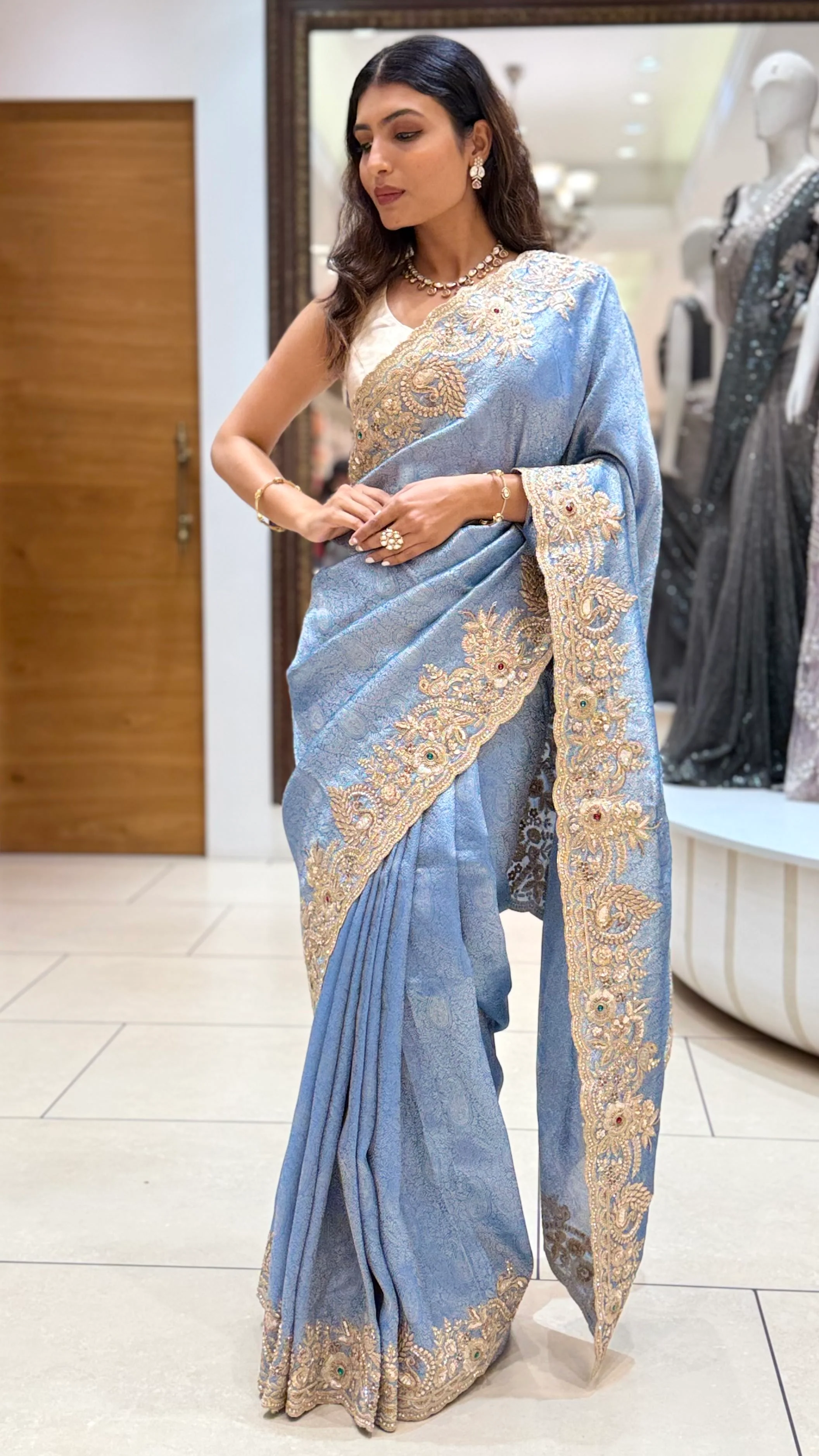 Steel Blue Embroidered Designer Saree with Zari Border Work - Image 3