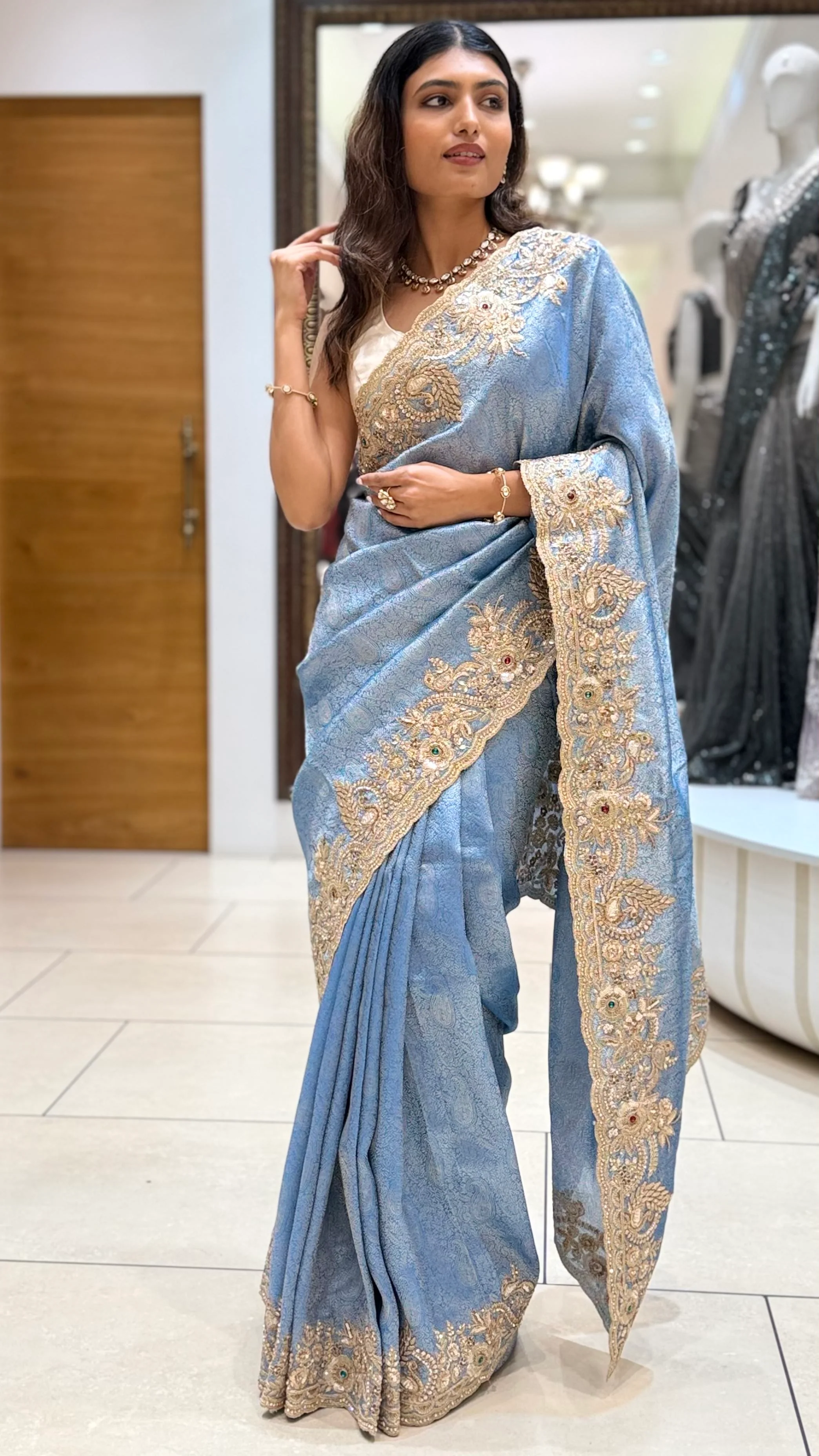 Steel Blue Embroidered Designer Saree with Zari Border Work - Image 4