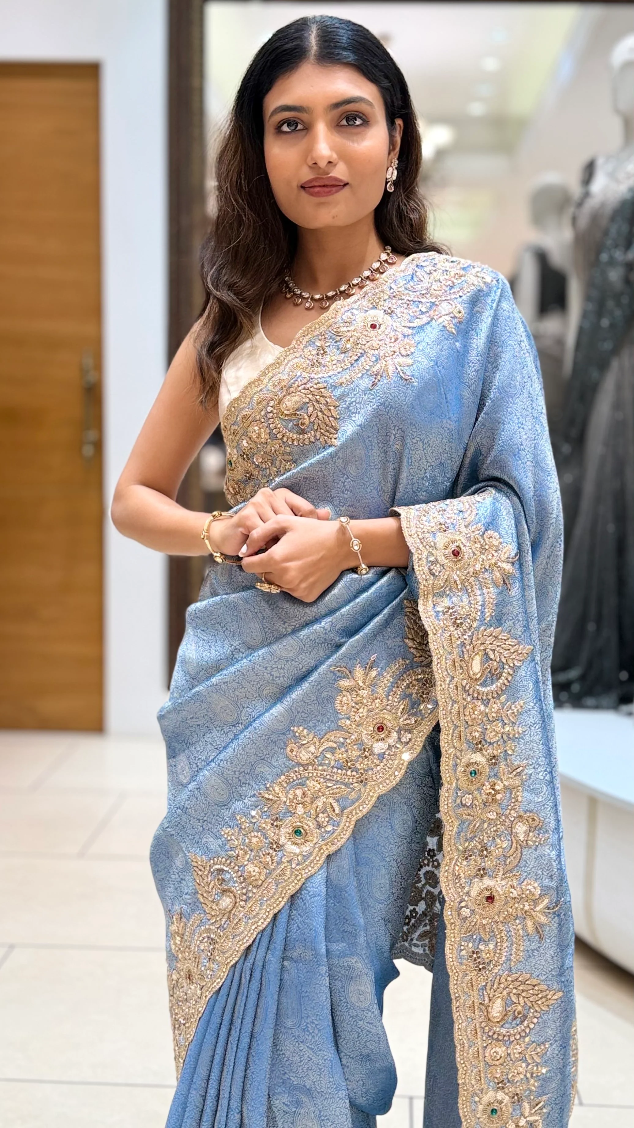 Steel Blue Embroidered Designer Saree with Zari Border Work - Image 5