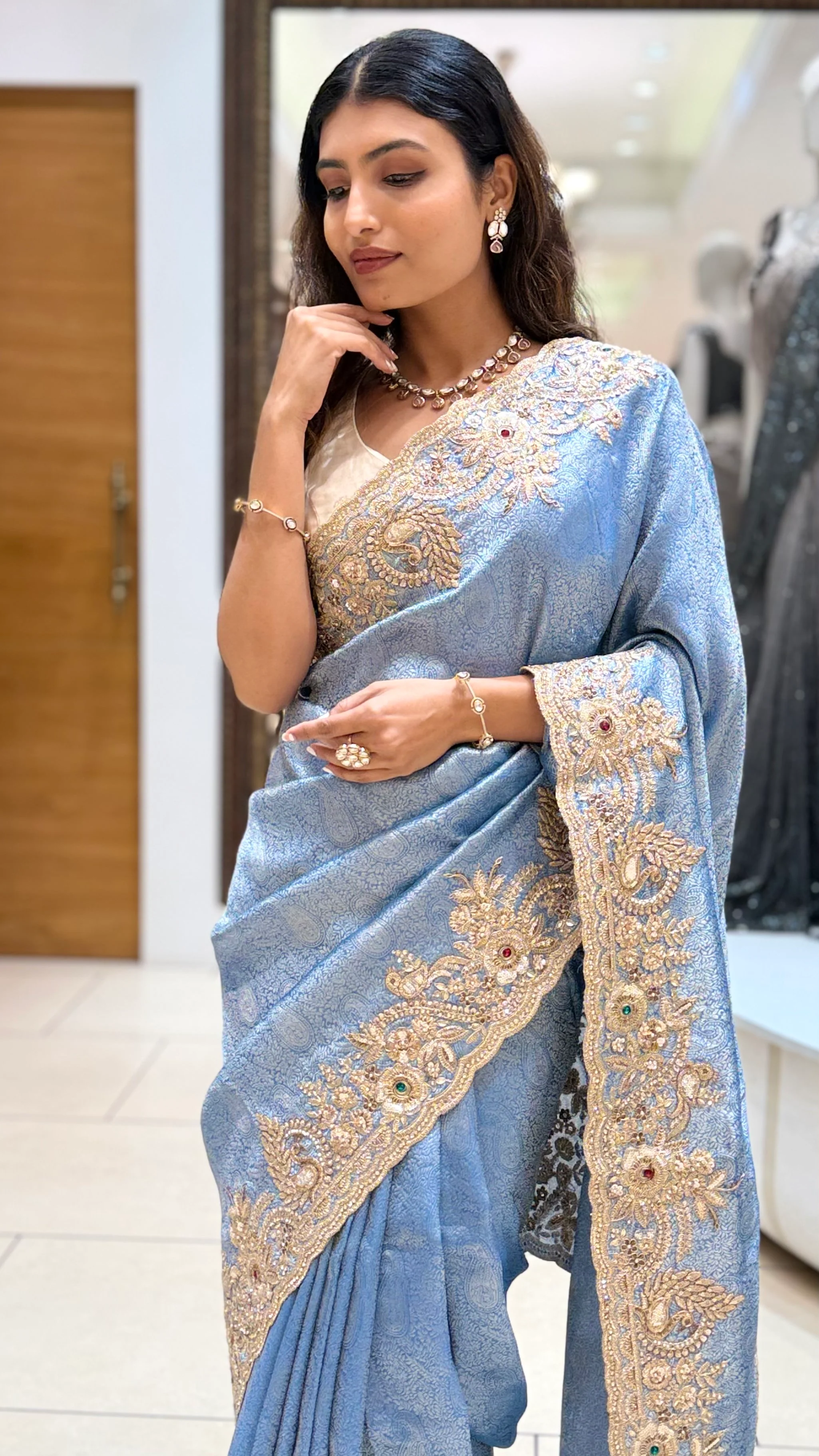 Steel Blue Embroidered Designer Saree with Zari Border Work - Image 6