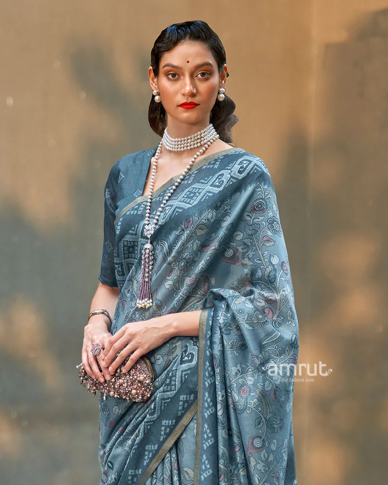 Steel Blue Floral Printed Cotton Saree with Unstitched Blouse - Image 2