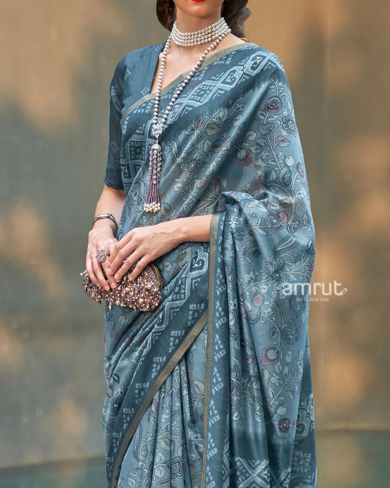 Steel Blue Floral Printed Cotton Saree with Unstitched Blouse - Image 3