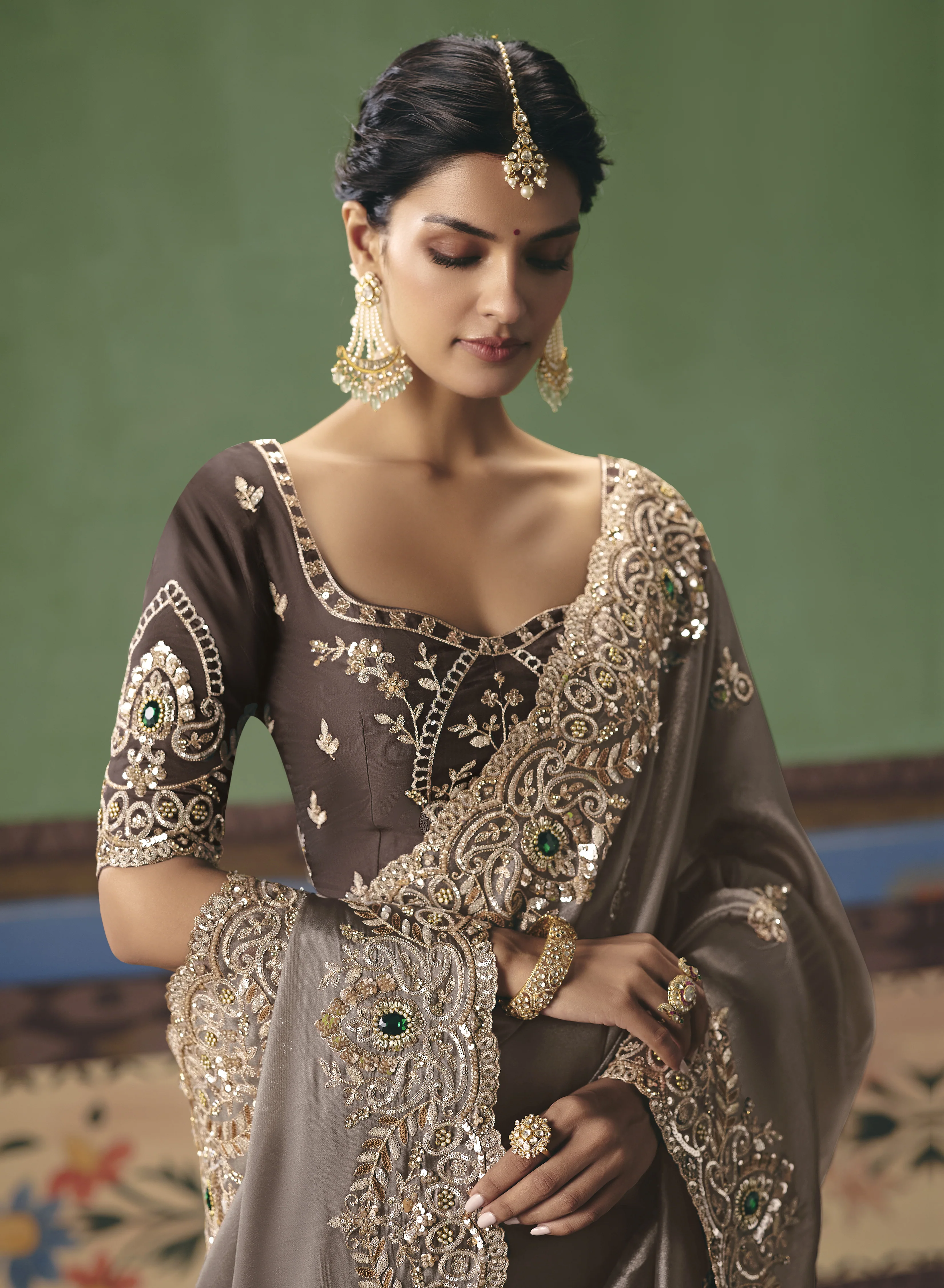 Steel Grey Designer Embroidered Saree with Blouse - Image 2