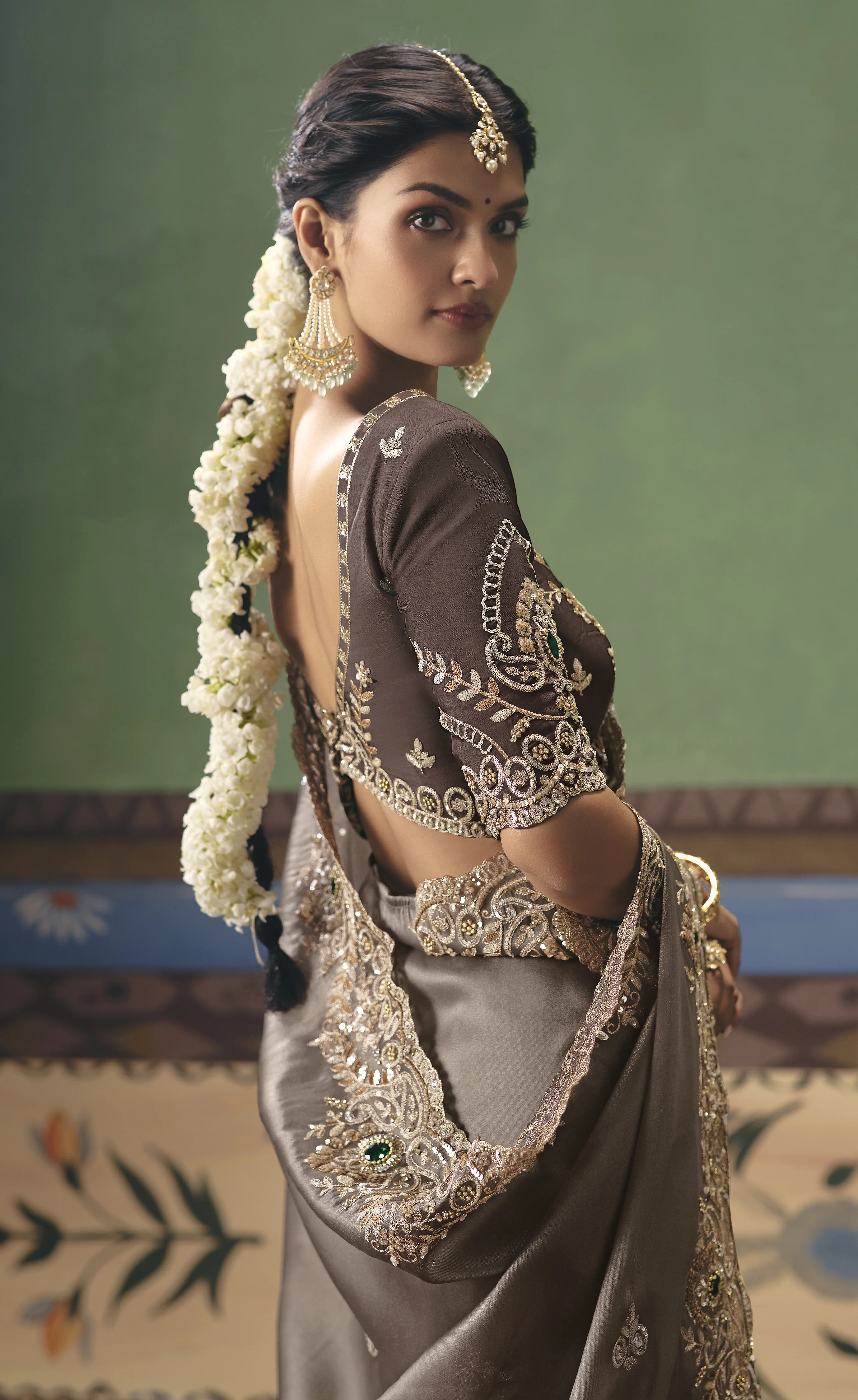 Steel Grey Designer Embroidered Saree with Blouse - Image 3