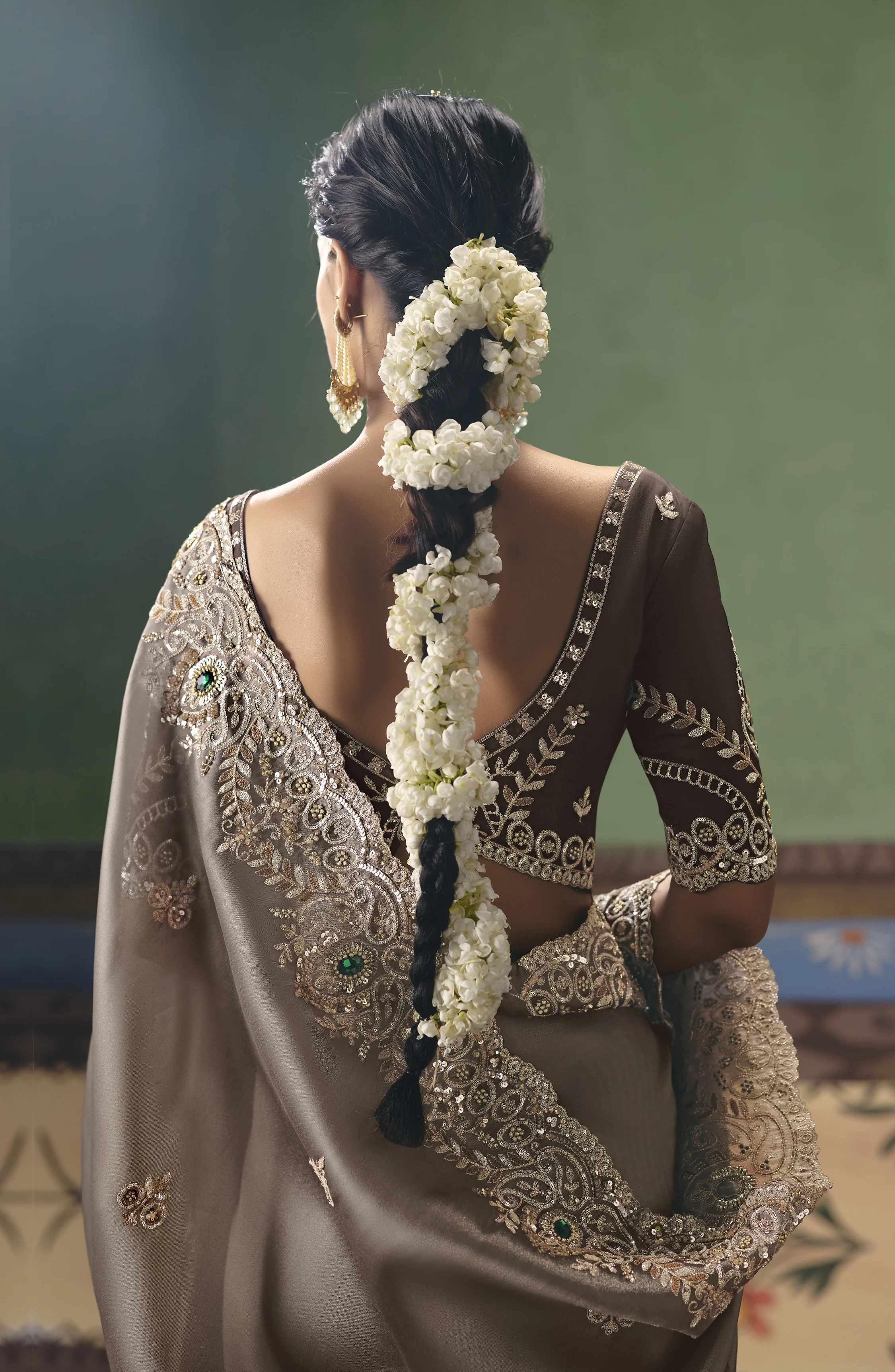 Steel Grey Designer Embroidered Saree with Blouse - Image 4