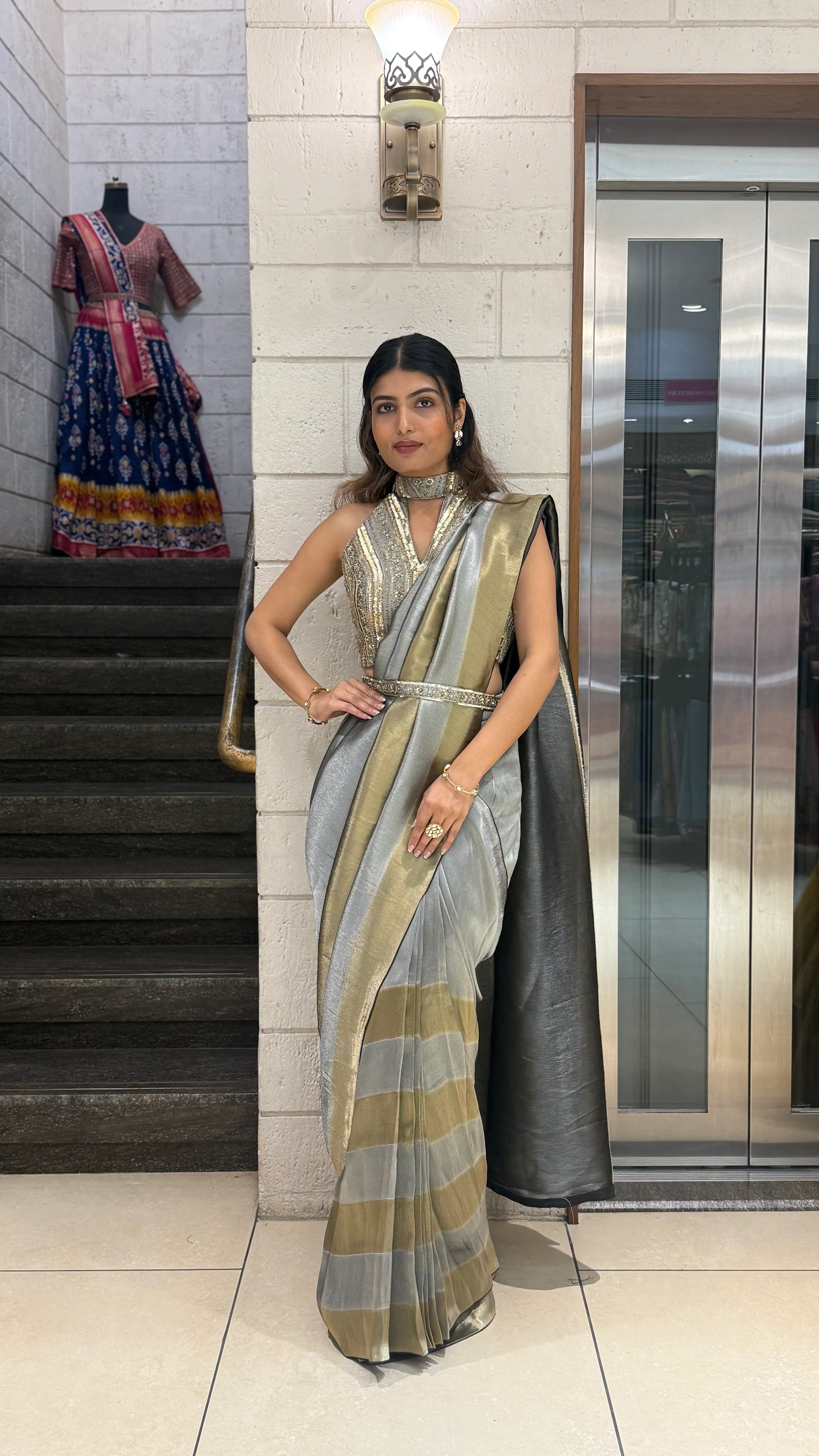Steel Grey & Gold Ready-to-Wear Saree with Designer Belt Blouse - Image 3