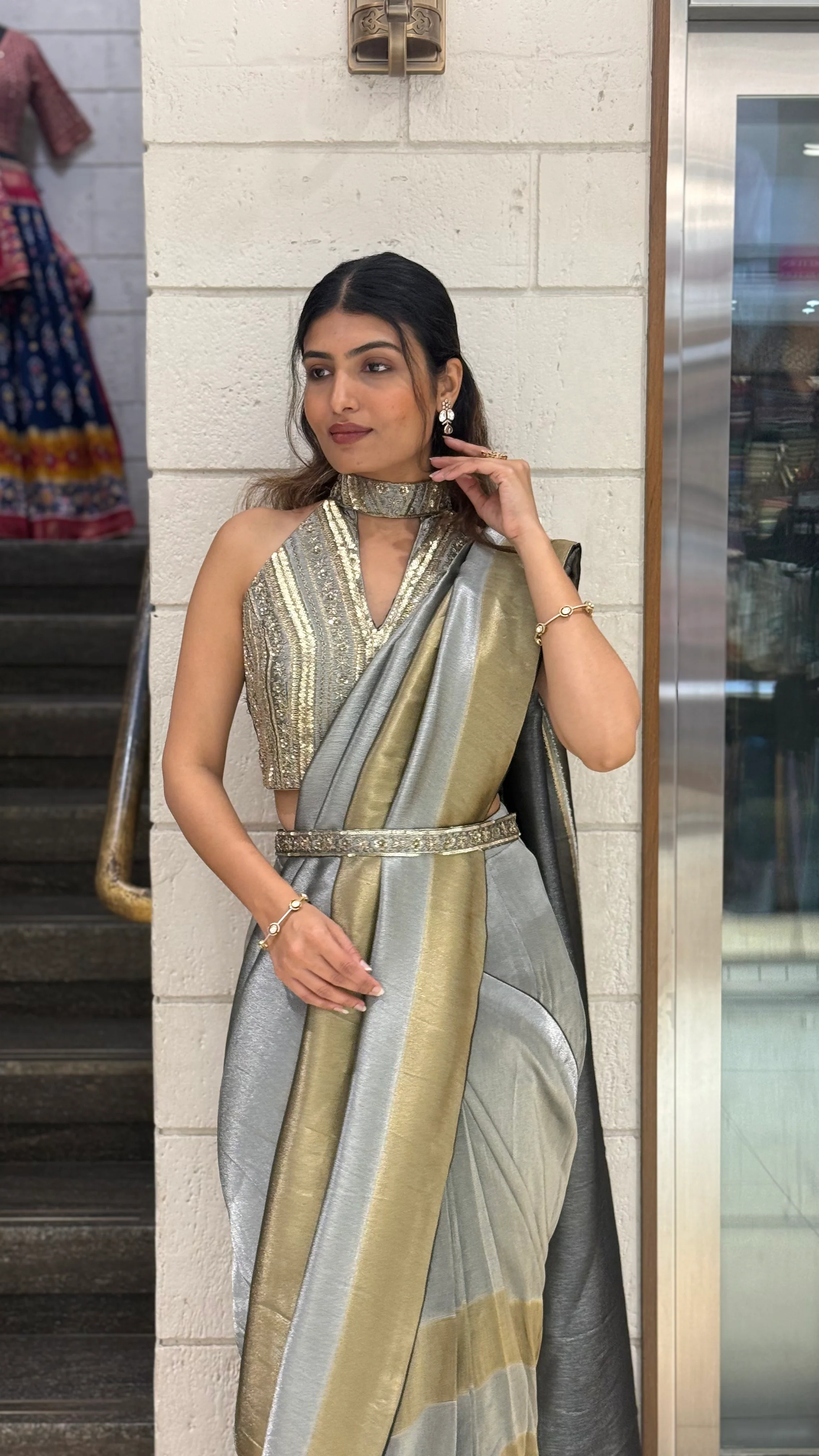Steel Grey & Gold Ready-to-Wear Saree with Designer Belt Blouse - Image 5