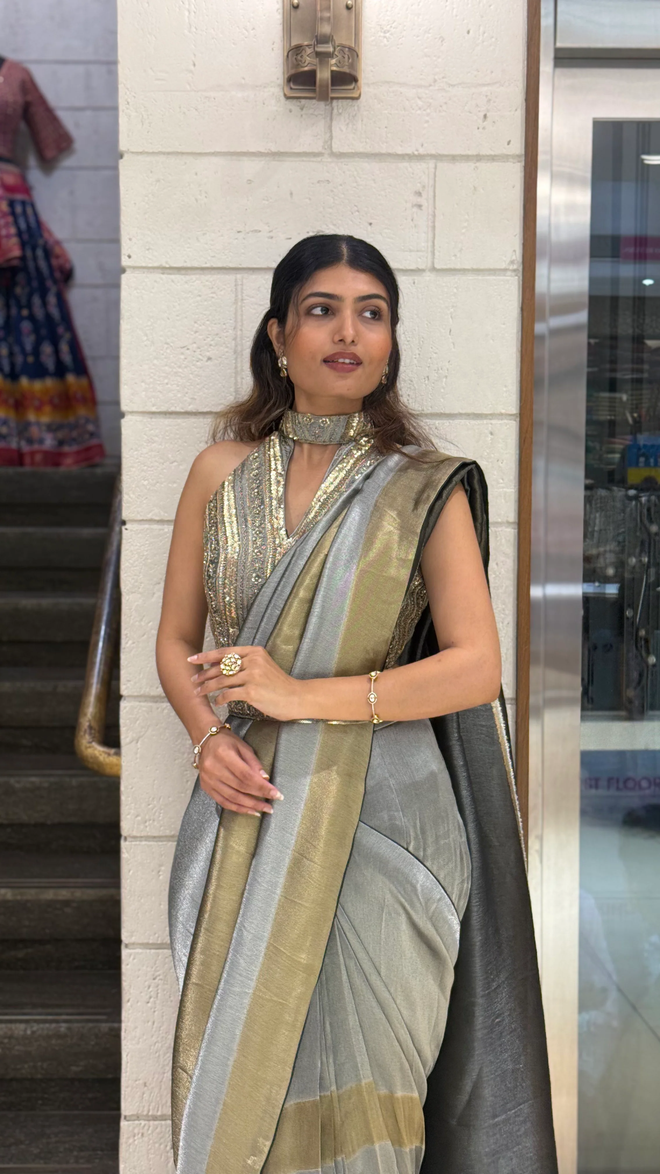 Steel Grey & Gold Ready-to-Wear Saree with Designer Belt Blouse - Image 6