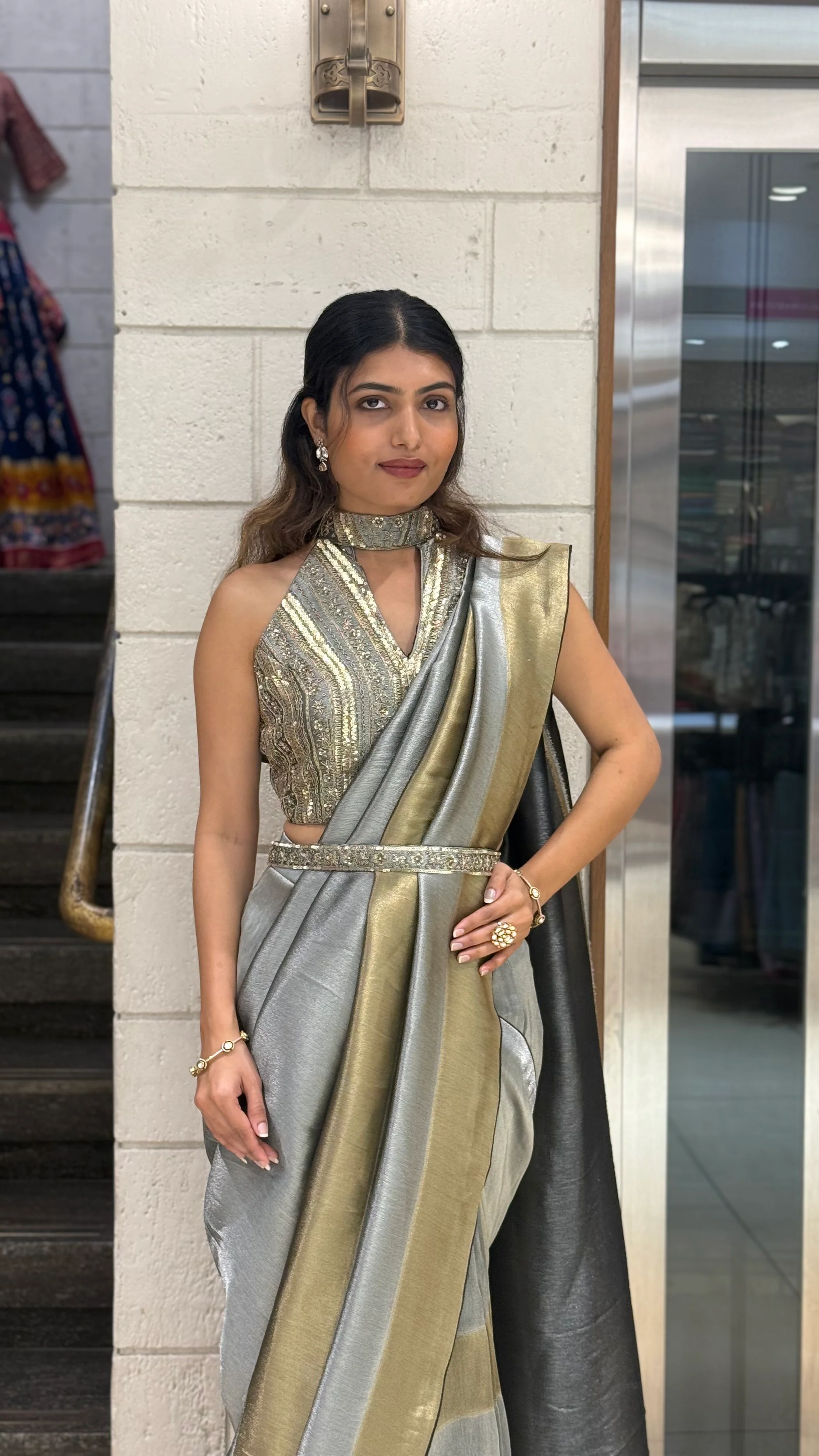 Steel Grey & Gold Ready-to-Wear Saree with Designer Belt Blouse - Image 7