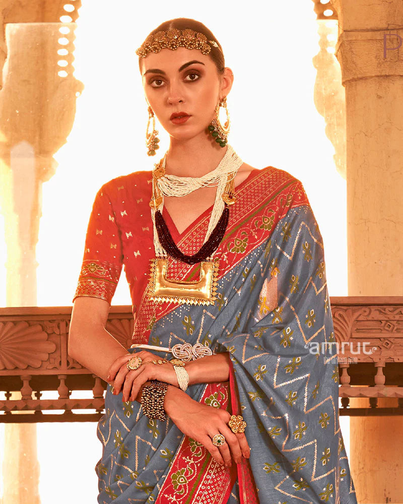 Steel Grey Ikat Printed and Red Contrast Border Patola Silk Saree with Unstitched Blouse - Image 2