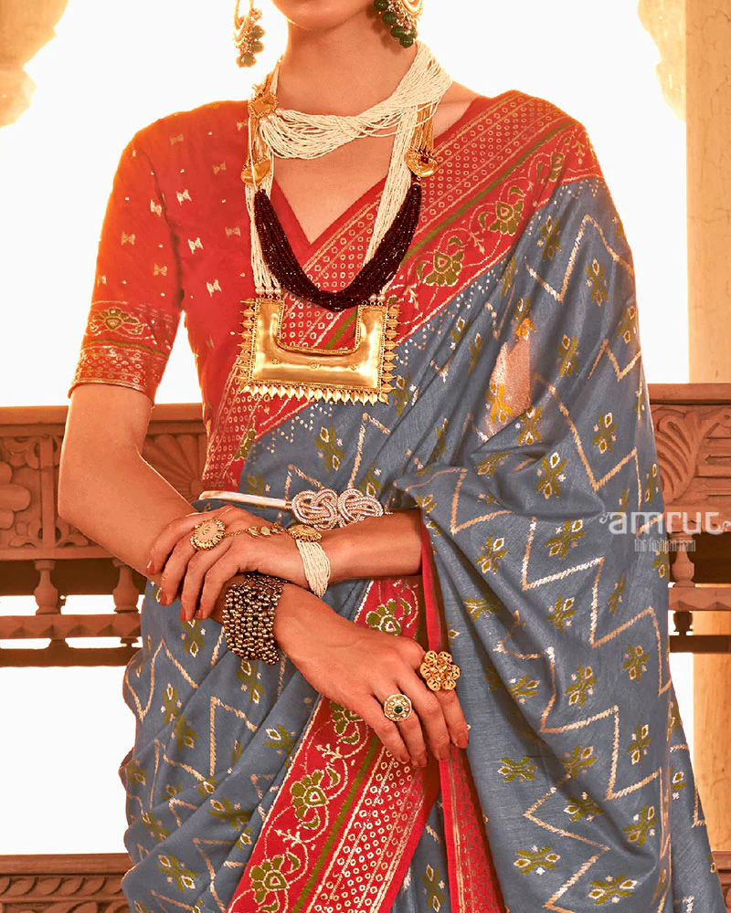 Steel Grey Ikat Printed and Red Contrast Border Patola Silk Saree with Unstitched Blouse - Image 3