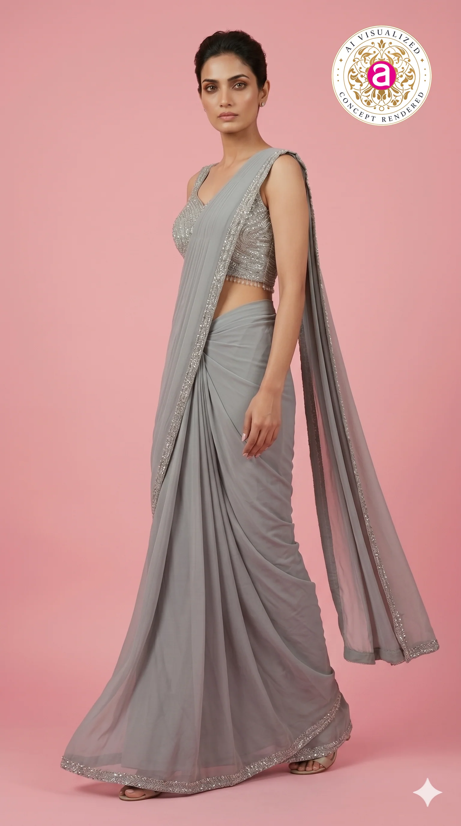 Steel Grey Ready-to-Wear Saree with Sequined Designer Blouse & Elegant Border - Image 2