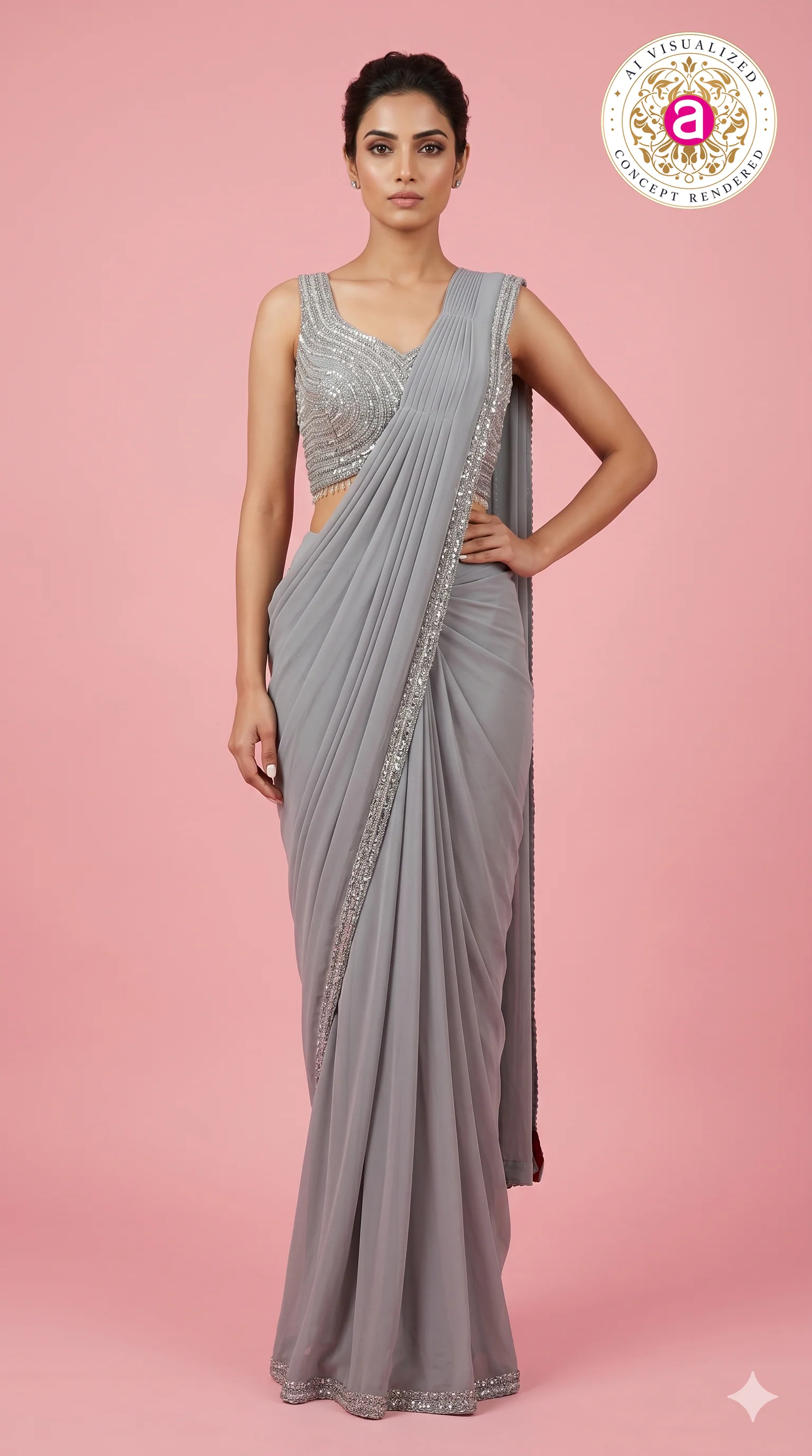 Steel Grey Ready-to-Wear Saree with Sequined Designer Blouse & Elegant Border - Image 3