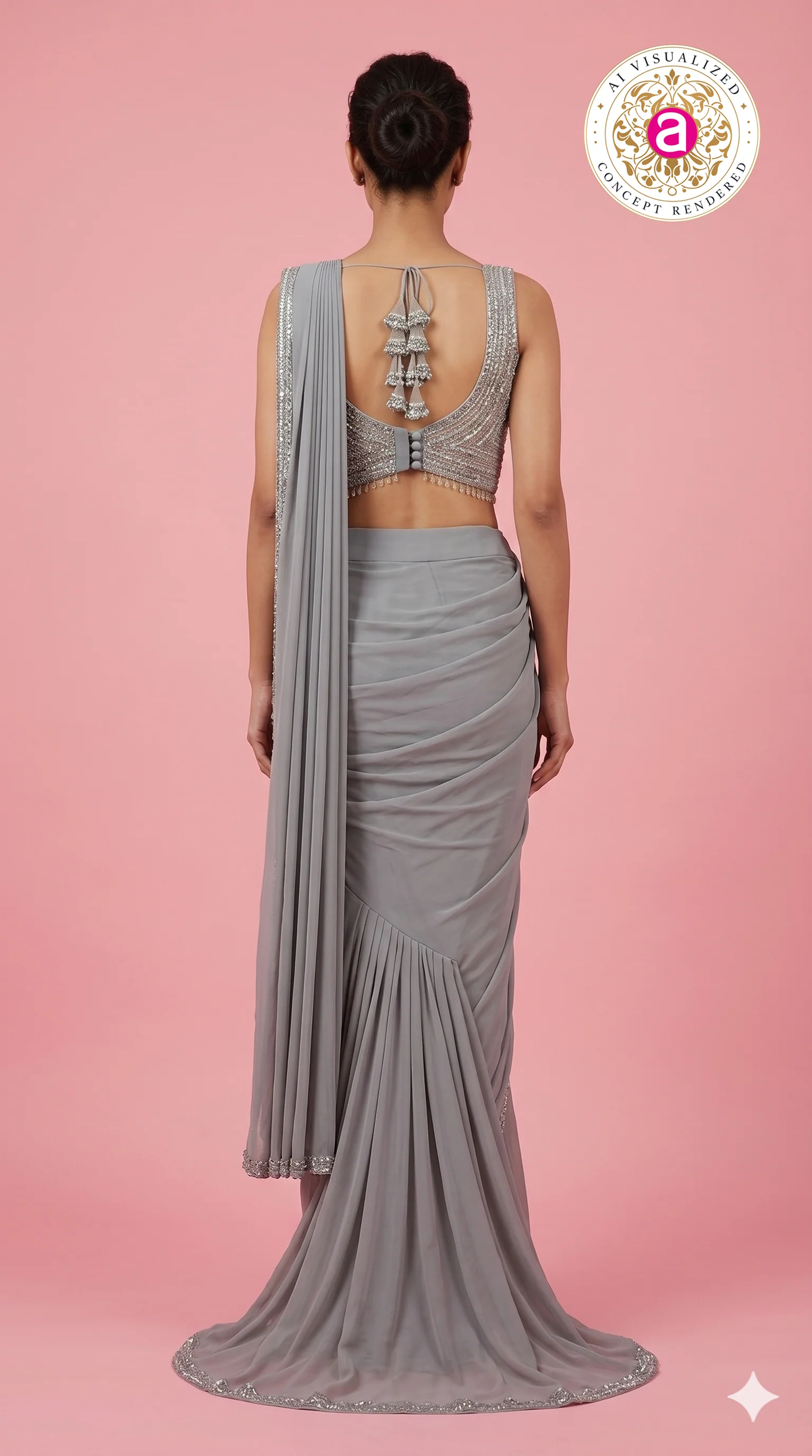 Steel Grey Ready-to-Wear Saree with Sequined Designer Blouse & Elegant Border - Image 6