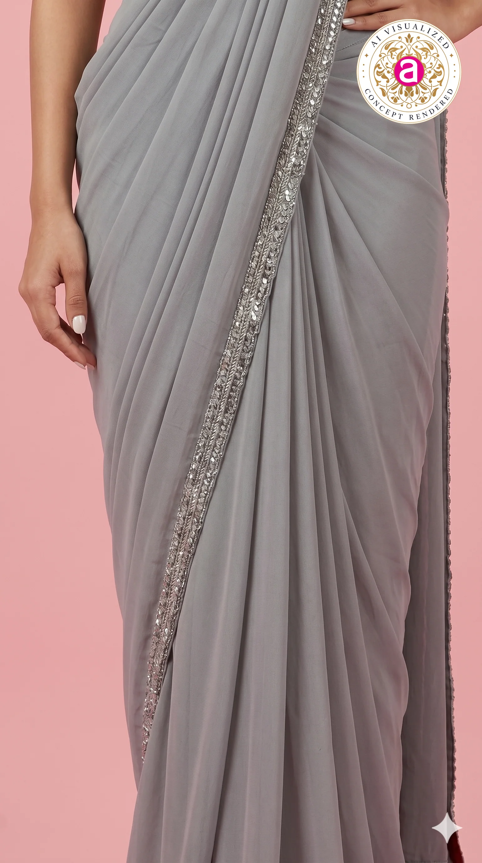 Steel Grey Ready-to-Wear Saree with Sequined Designer Blouse & Elegant Border - Image 7