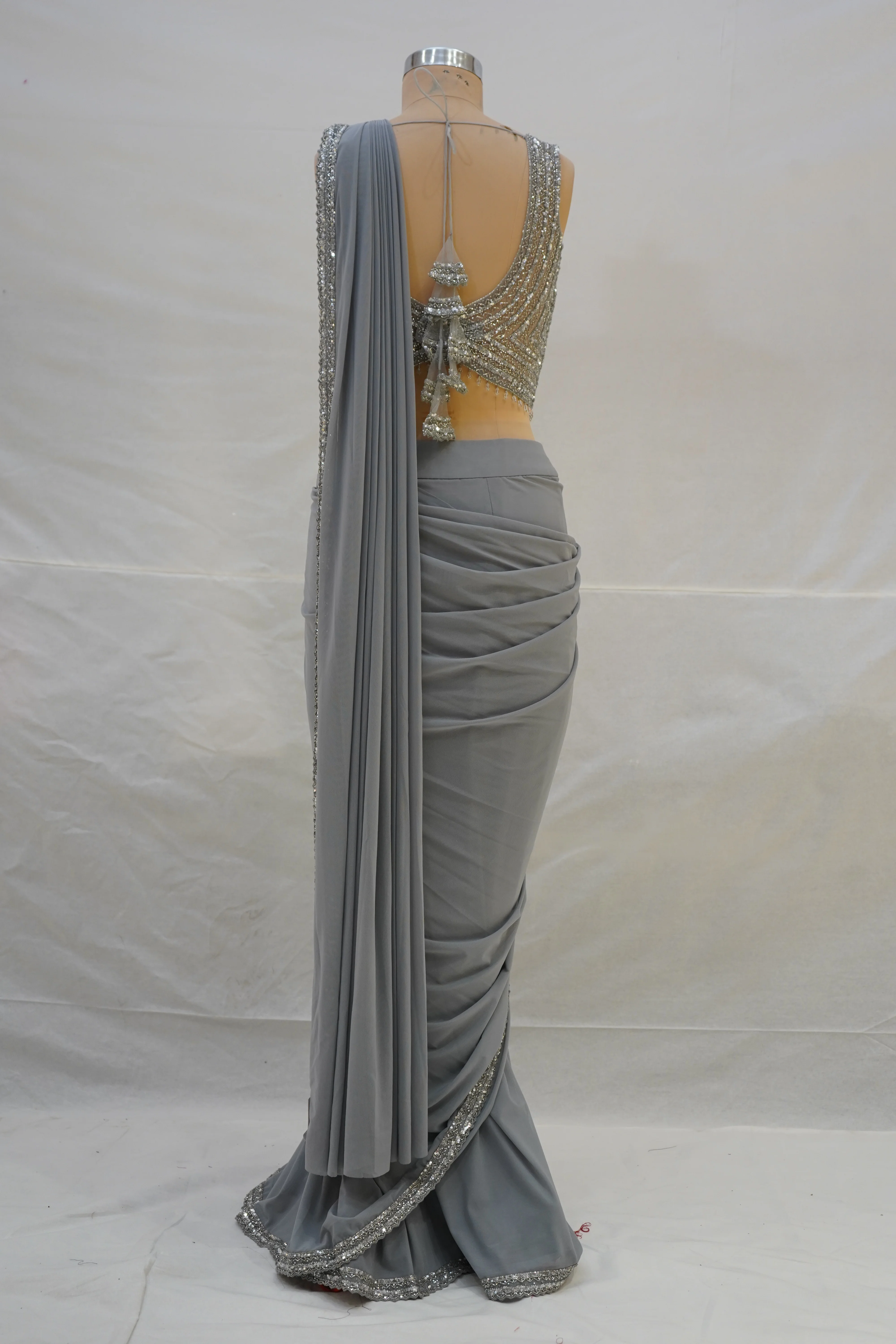 Steel Grey Ready-to-Wear Saree with Sequined Designer Blouse & Elegant Border - Image 8