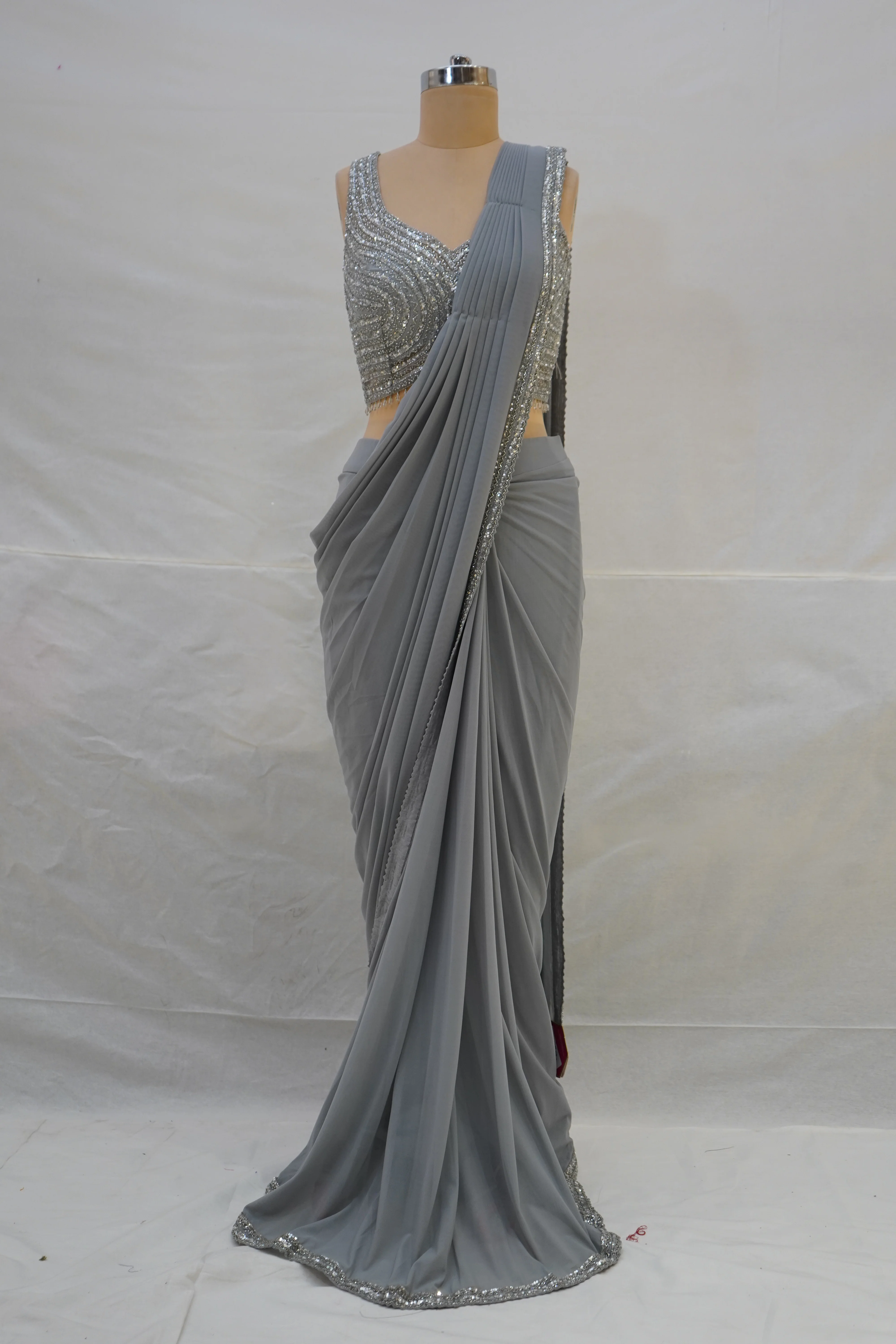 Steel Grey Ready-to-Wear Saree with Sequined Designer Blouse & Elegant Border - Image 9
