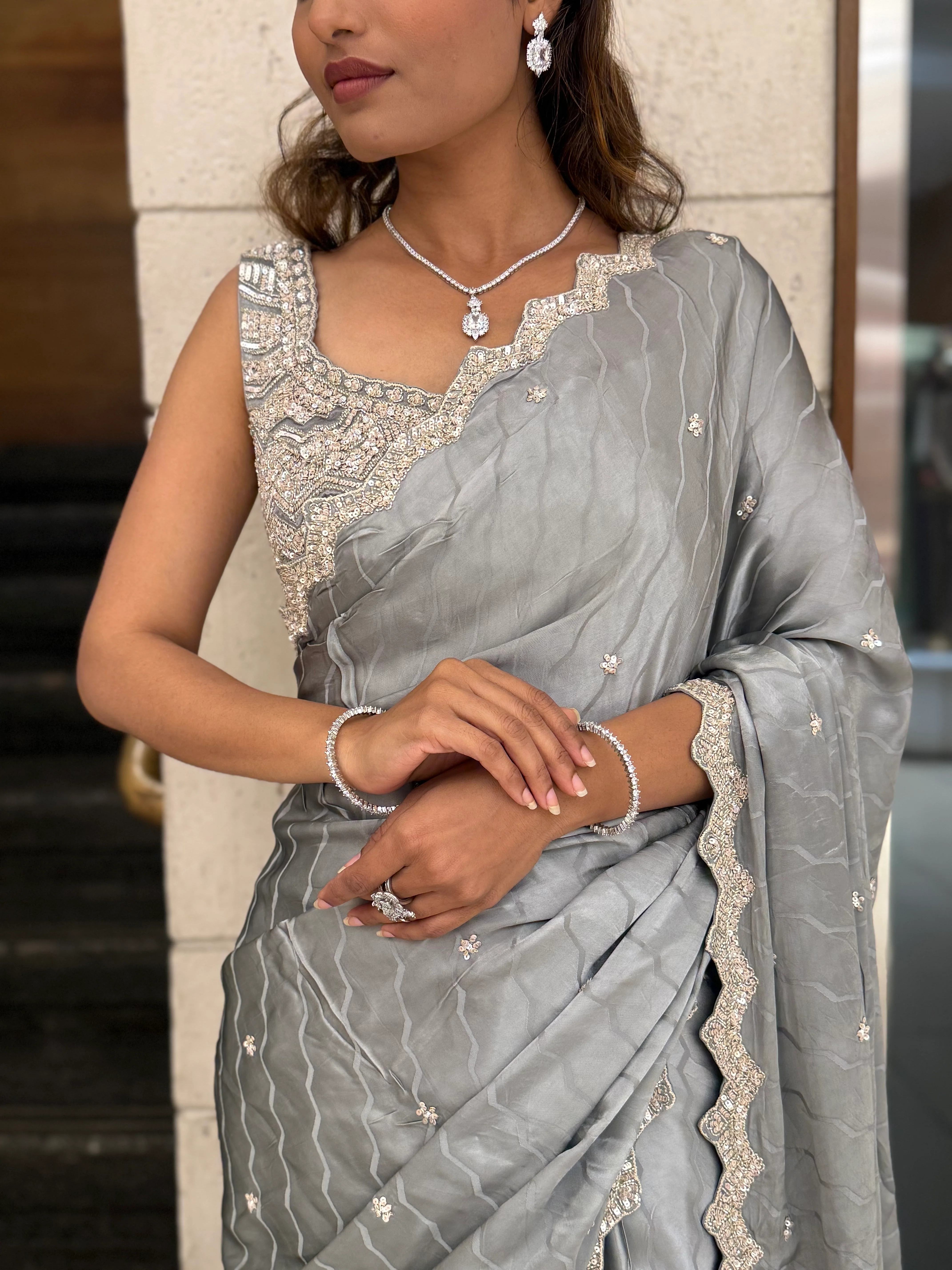 Steel Grey Soft Satin Saree with Delicate Embroidery & Scalloped Border - Image 2