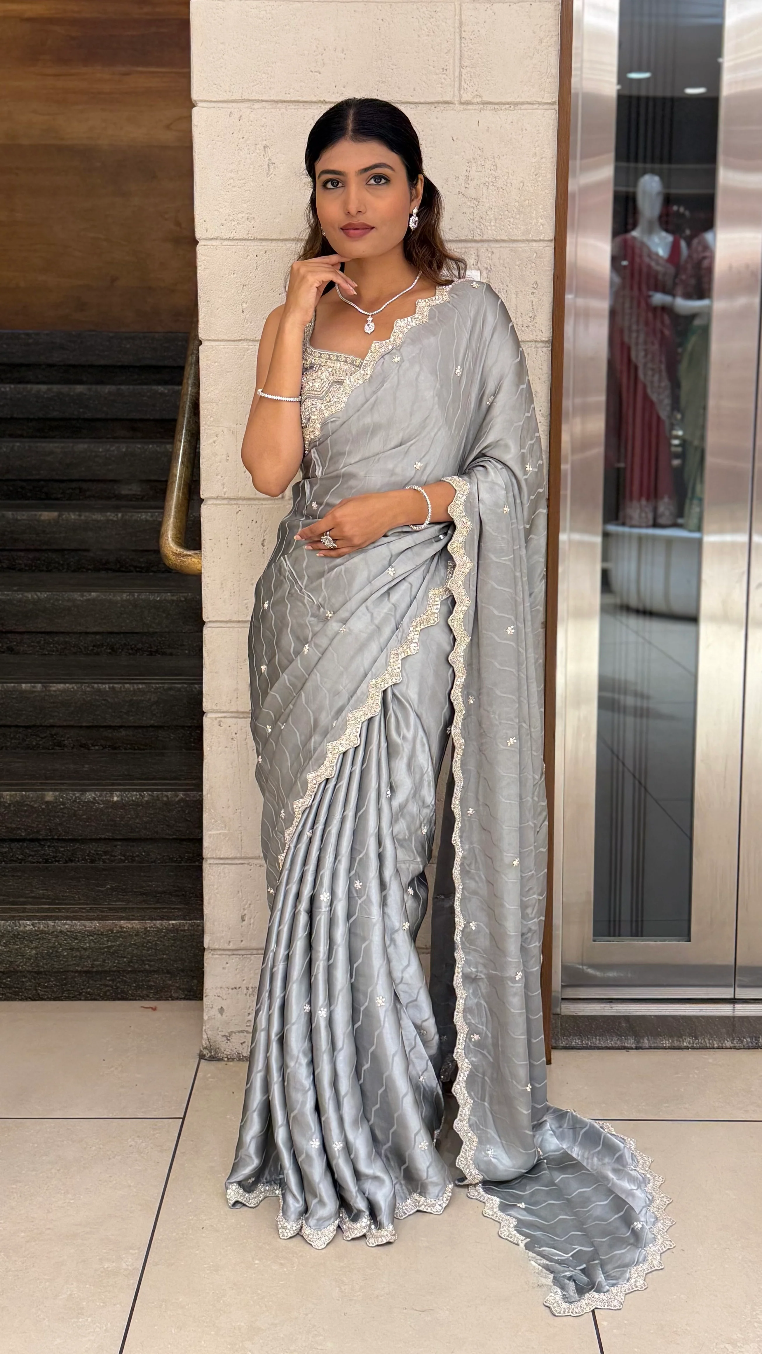 Steel Grey Soft Satin Saree with Delicate Embroidery & Scalloped Border - Image 3