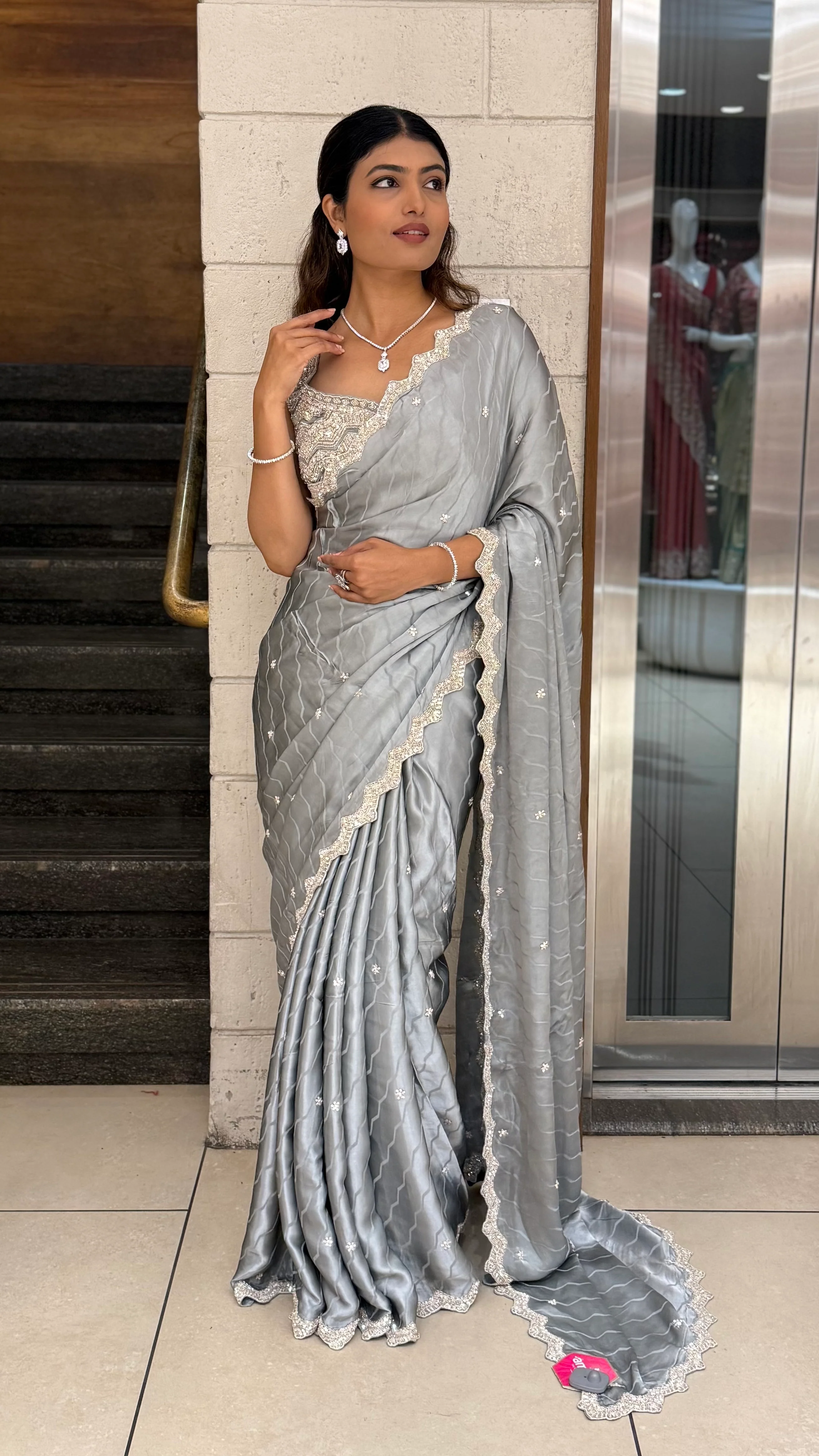 Steel Grey Soft Satin Saree with Delicate Embroidery & Scalloped Border - Image 4