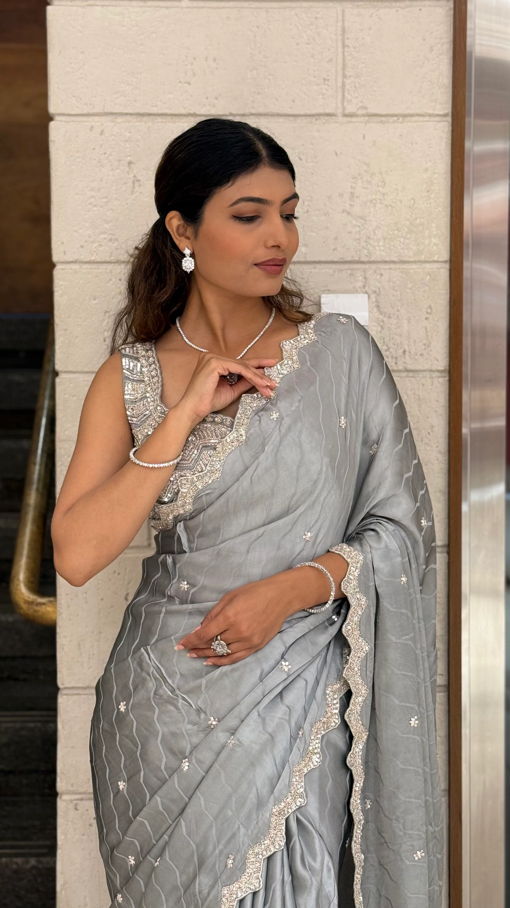 Steel Grey Soft Satin Saree with Delicate Embroidery & Scalloped Border - Image 5