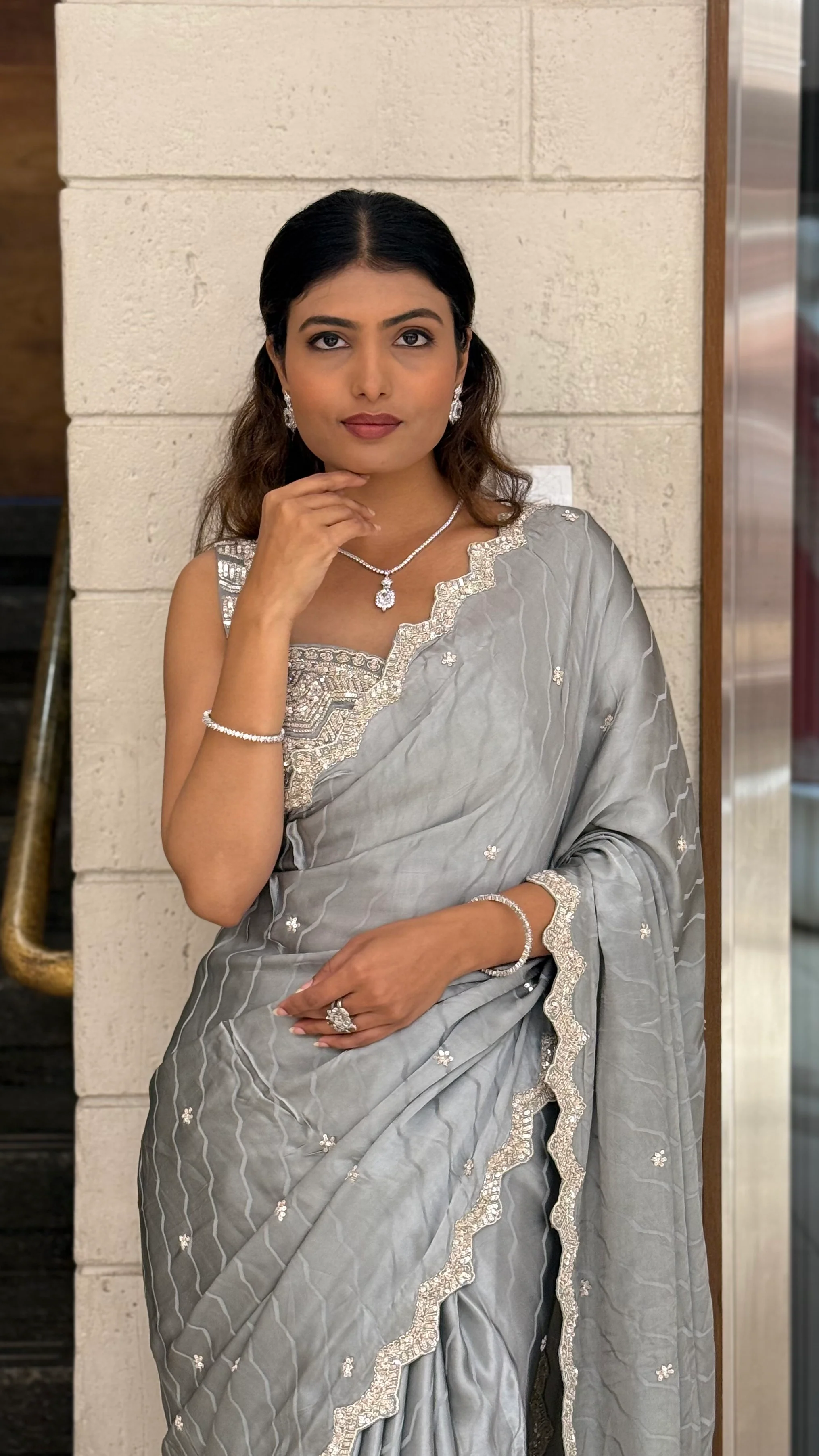 Steel Grey Soft Satin Saree with Delicate Embroidery & Scalloped Border - Image 6
