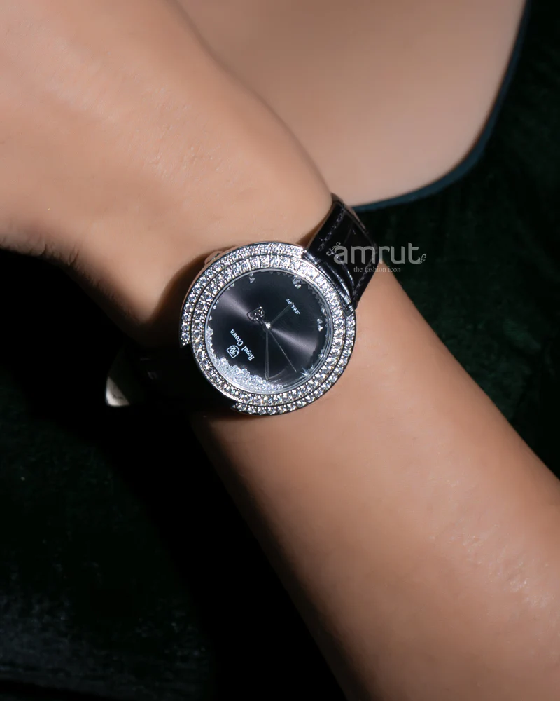 Sterling Silver Cubic Zirconia Stone Studded Black Strap Watch - Image 2