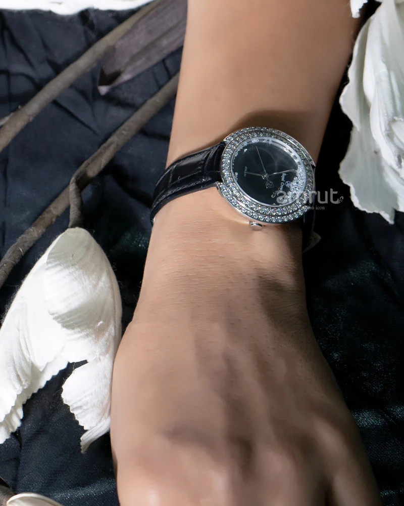 Sterling Silver Cubic Zirconia Stone Studded Black Strap Watch - Image 3