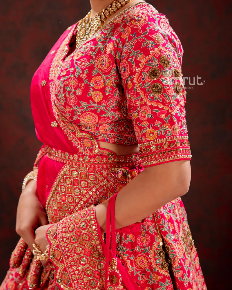 Strawberry Pink Floral Embroidered Bridal Lehenga Choli With Dupatta - Image 3