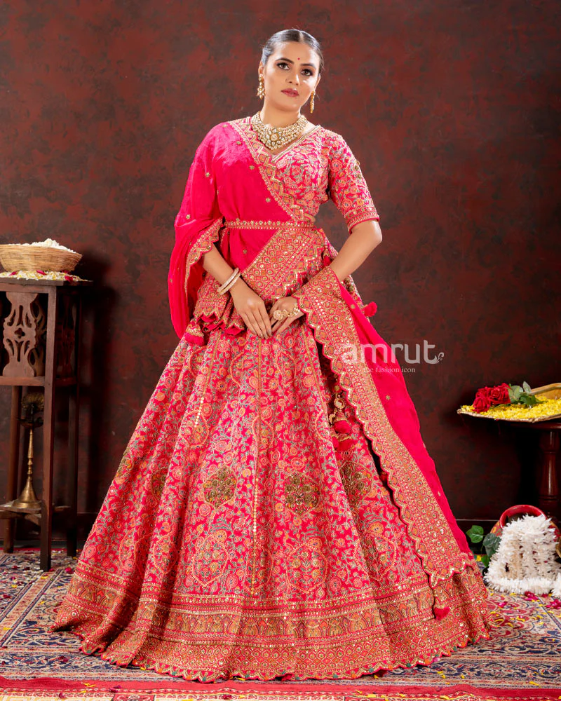 Strawberry Pink Floral Embroidered Bridal Lehenga Choli With Dupatta - Image 4
