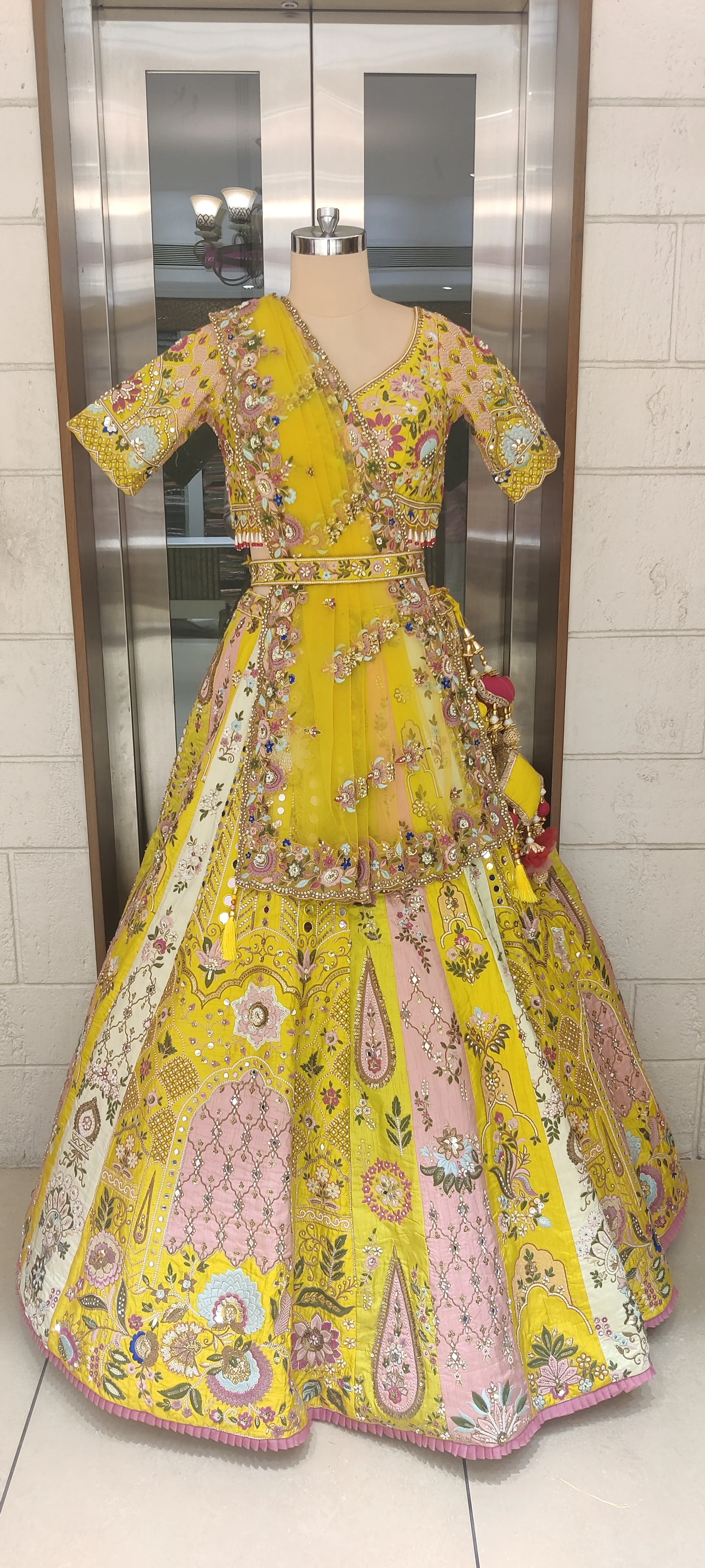Sunlit Yellow & Blush Pink Hand-Embroidered Silk Lehenga with Mirror and Resham Work - Image 3