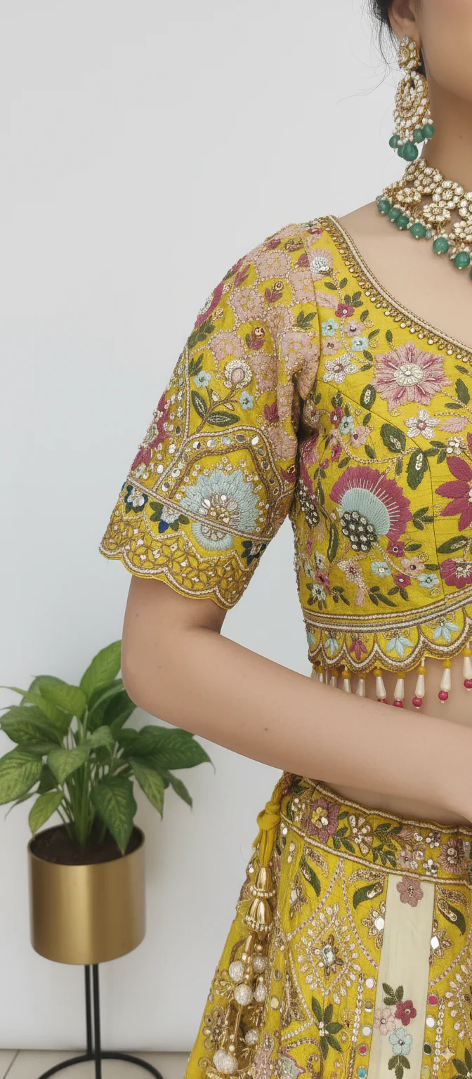 Sunlit Yellow & Blush Pink Hand-Embroidered Silk Lehenga with Mirror and Resham Work - Image 4