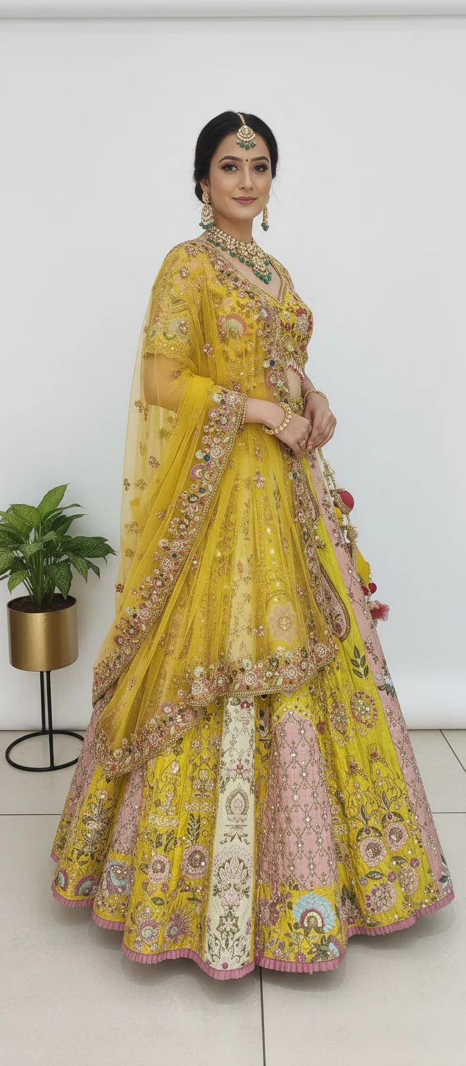 Sunlit Yellow & Blush Pink Hand-Embroidered Silk Lehenga with Mirror and Resham Work - Image 5