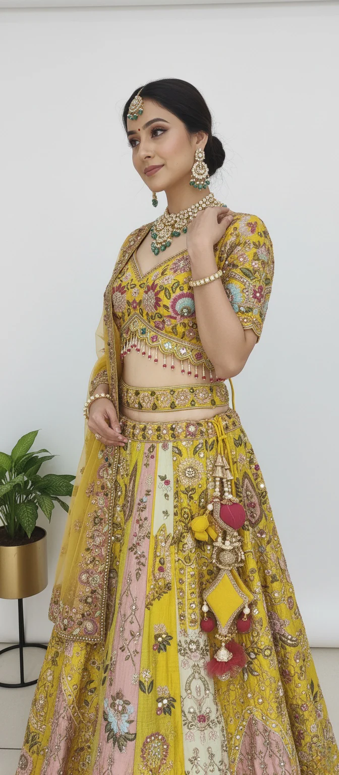 Sunlit Yellow & Blush Pink Hand-Embroidered Silk Lehenga with Mirror and Resham Work - Image 7