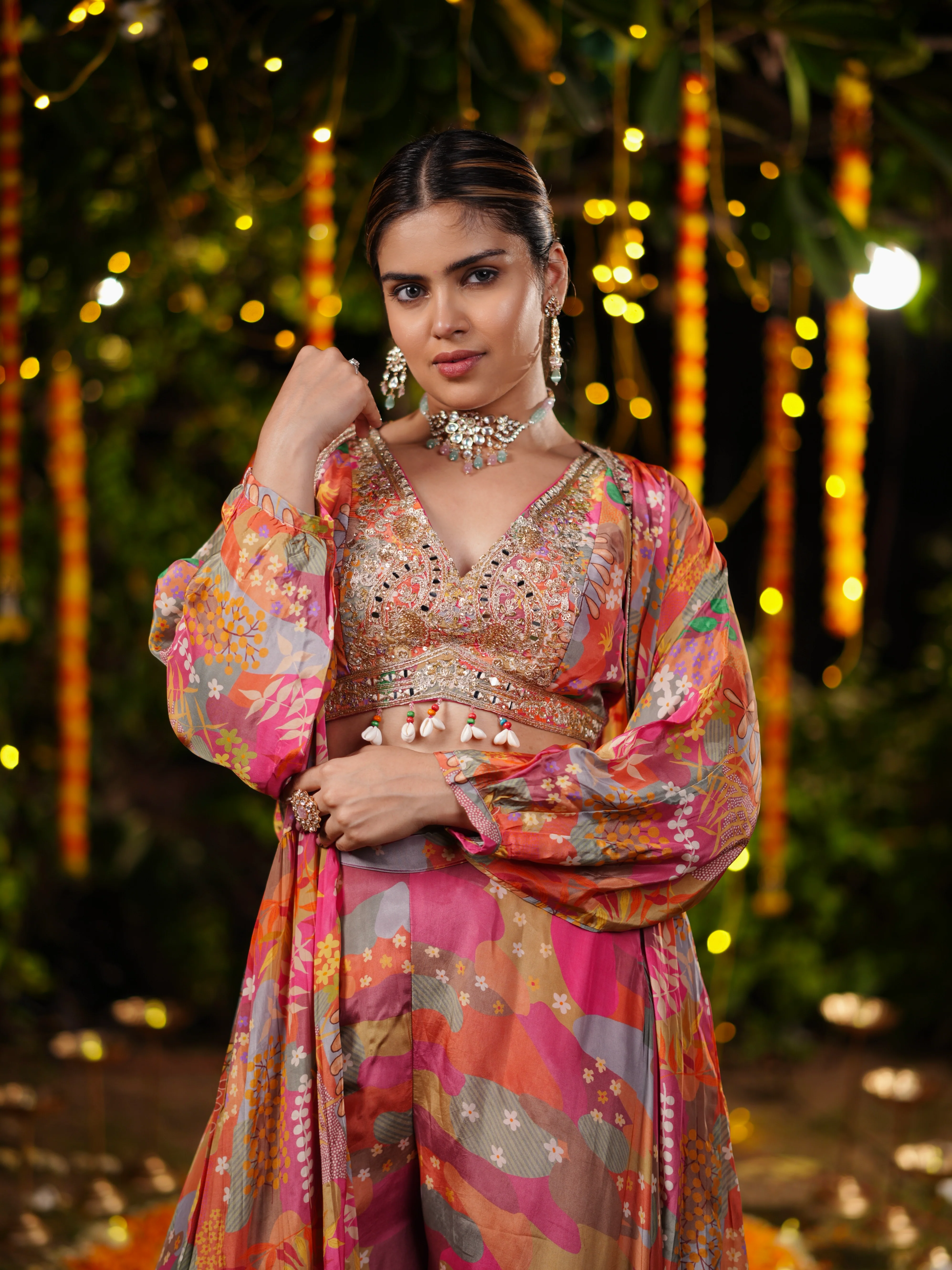 Sunset Bloom Embroidered Palazzo Suit Set with Printed Cape & Sequin Blouse - Image 2