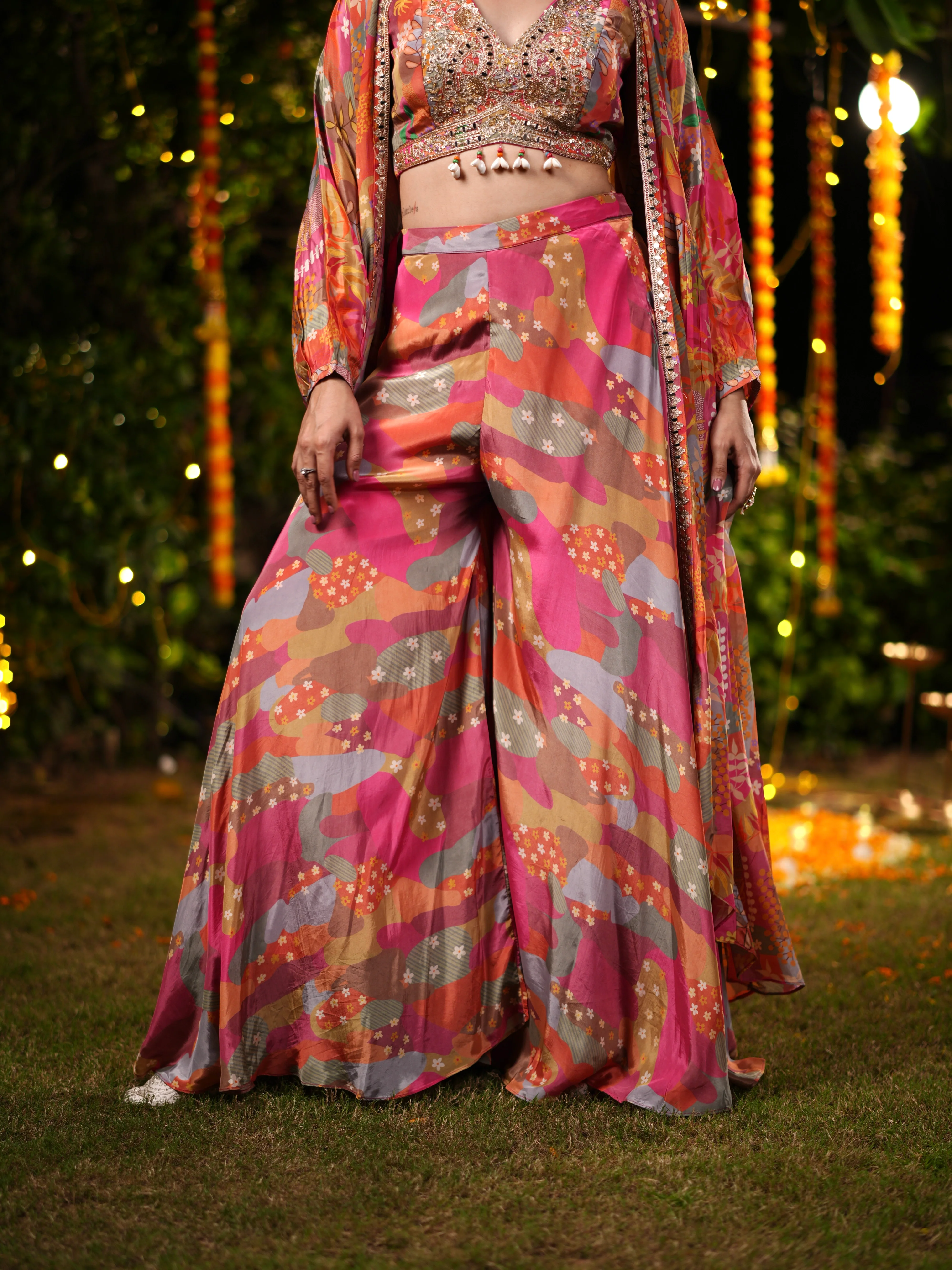 Sunset Bloom Embroidered Palazzo Suit Set with Printed Cape & Sequin Blouse - Image 3